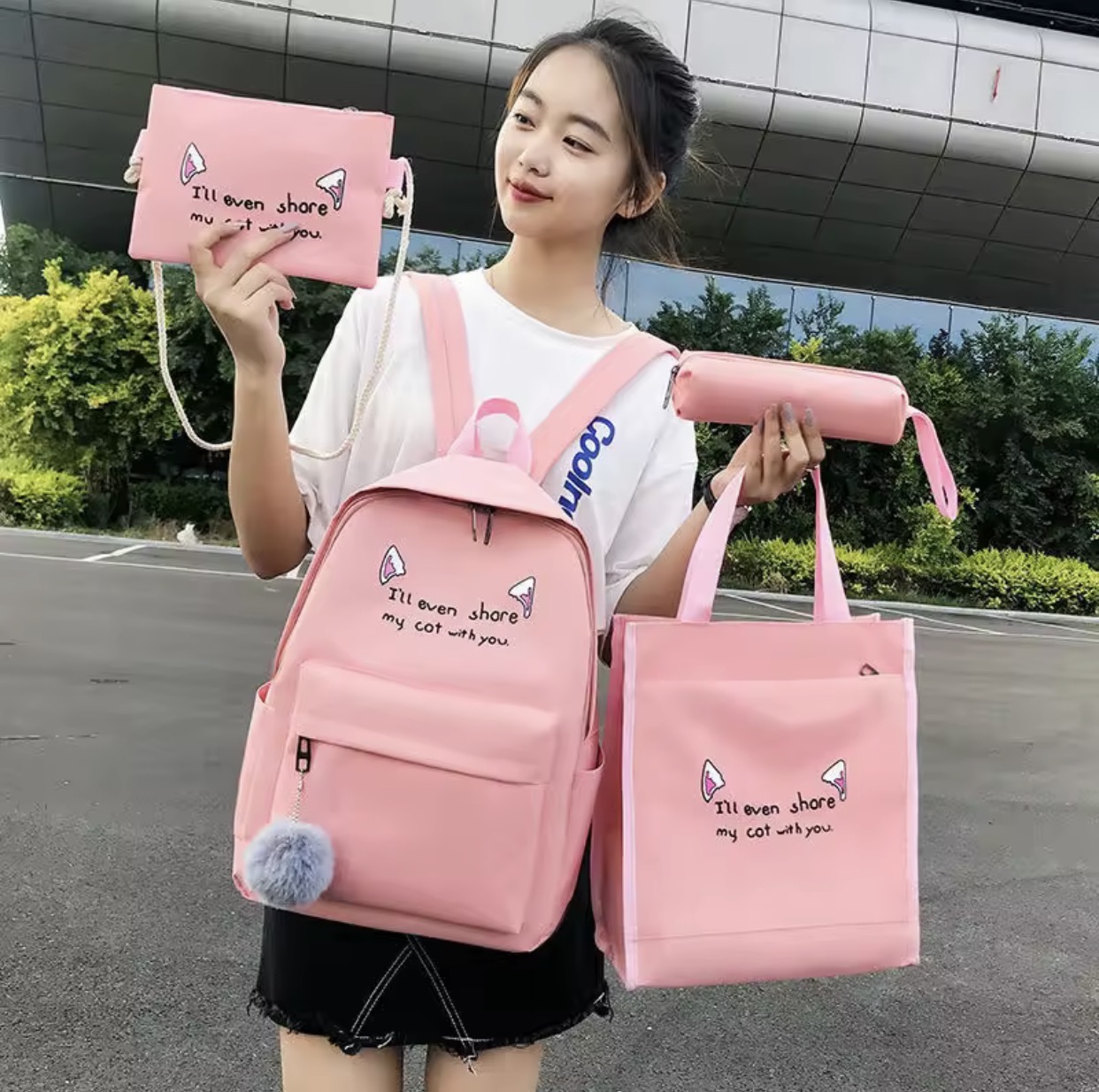 Pink Cat Ear Backpack Set
