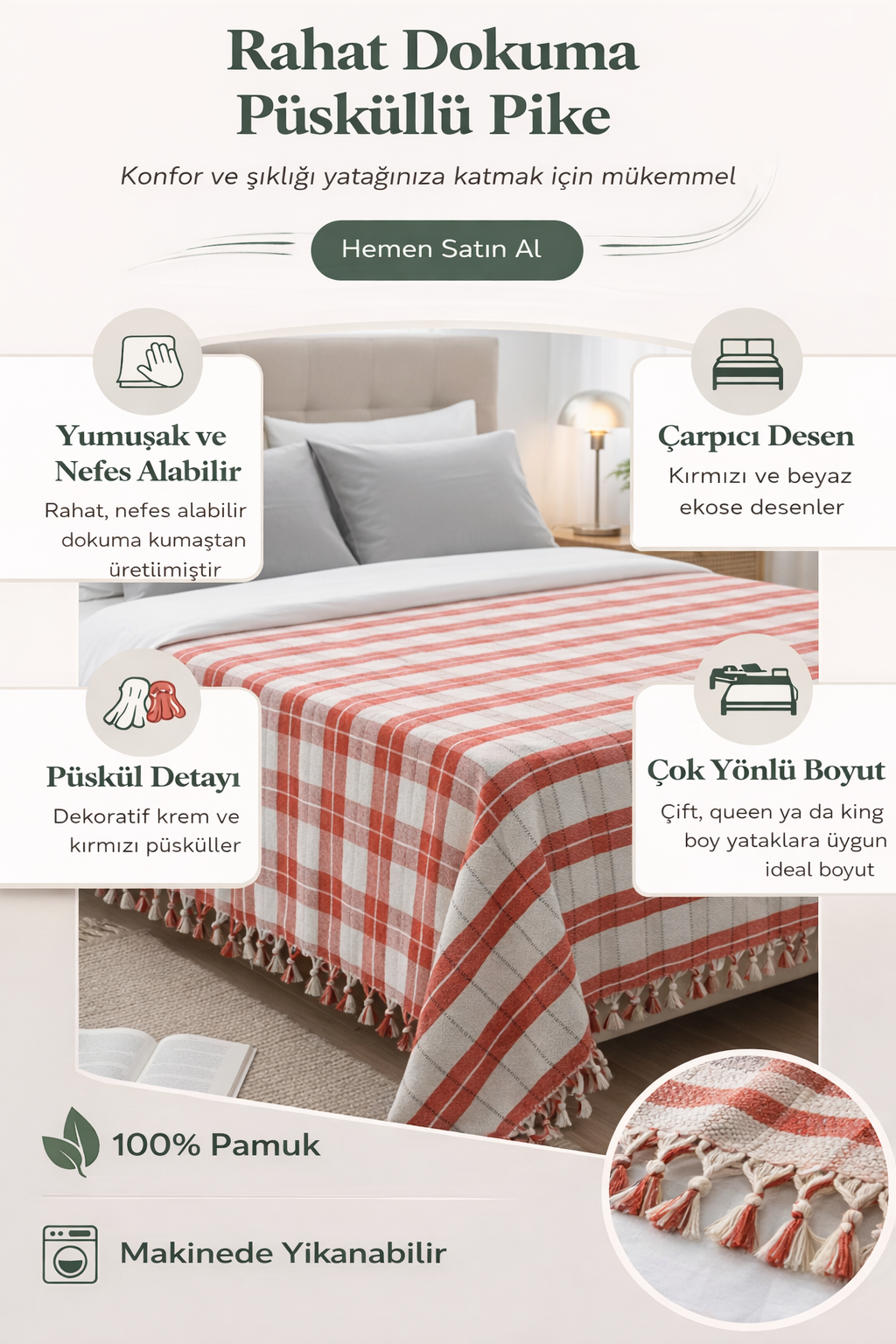 %100 Pamuk Pike Turuncu Kareli