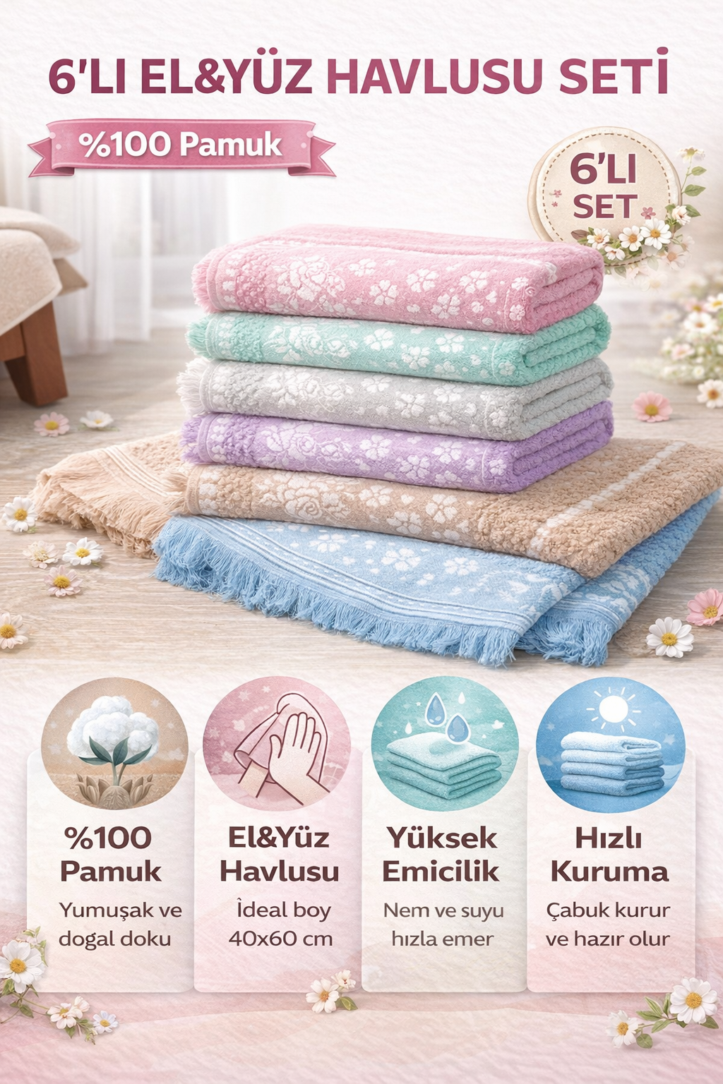%100 Pamuk 6’lı El & Yüz Havlusu Seti – Yüksek Emicilik, Hızlı Kuruyan, Yumuşak Doku