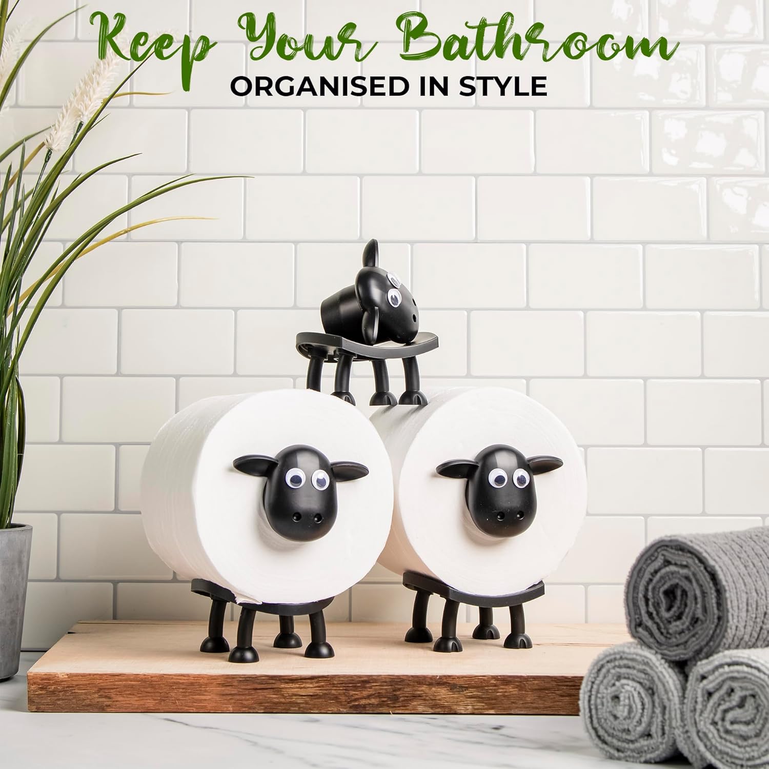 Sheep Toilet Paper Holder Set, 3-Pack, Black Sheep Funny Bathroom Decor, Free Standing Cute Animal Toilet Paper Organizer, Unique Bathroom Accessories, Modern Farmhouse Decor, No Assembly, Gift-Ready