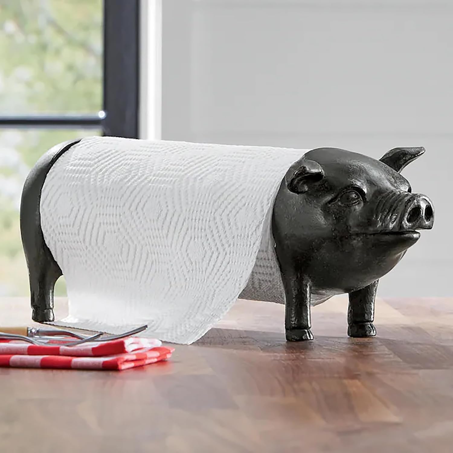 Pig-Shaped Paper Towel Holder, Black Pig Paper Towel Holder Farmhouse Paper Towel Holder, Rustic Country Decorative Standing Utensil for Kitchen, Vintage Animal Tissue Towel Display Stand