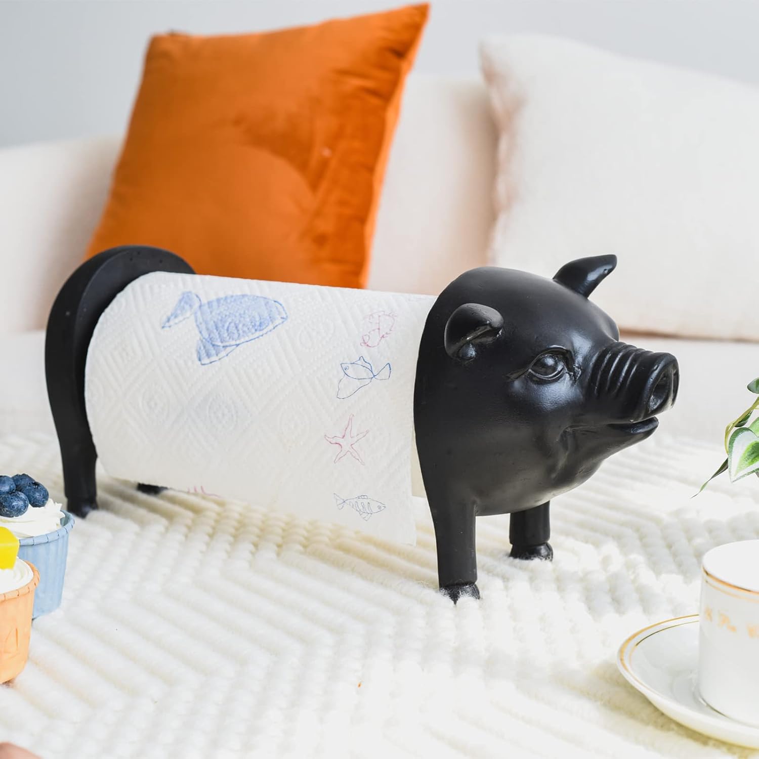 Pig-Shaped Paper Towel Holder, Black Pig Paper Towel Holder Farmhouse Paper Towel Holder, Rustic Country Decorative Standing Utensil for Kitchen, Vintage Animal Tissue Towel Display Stand
