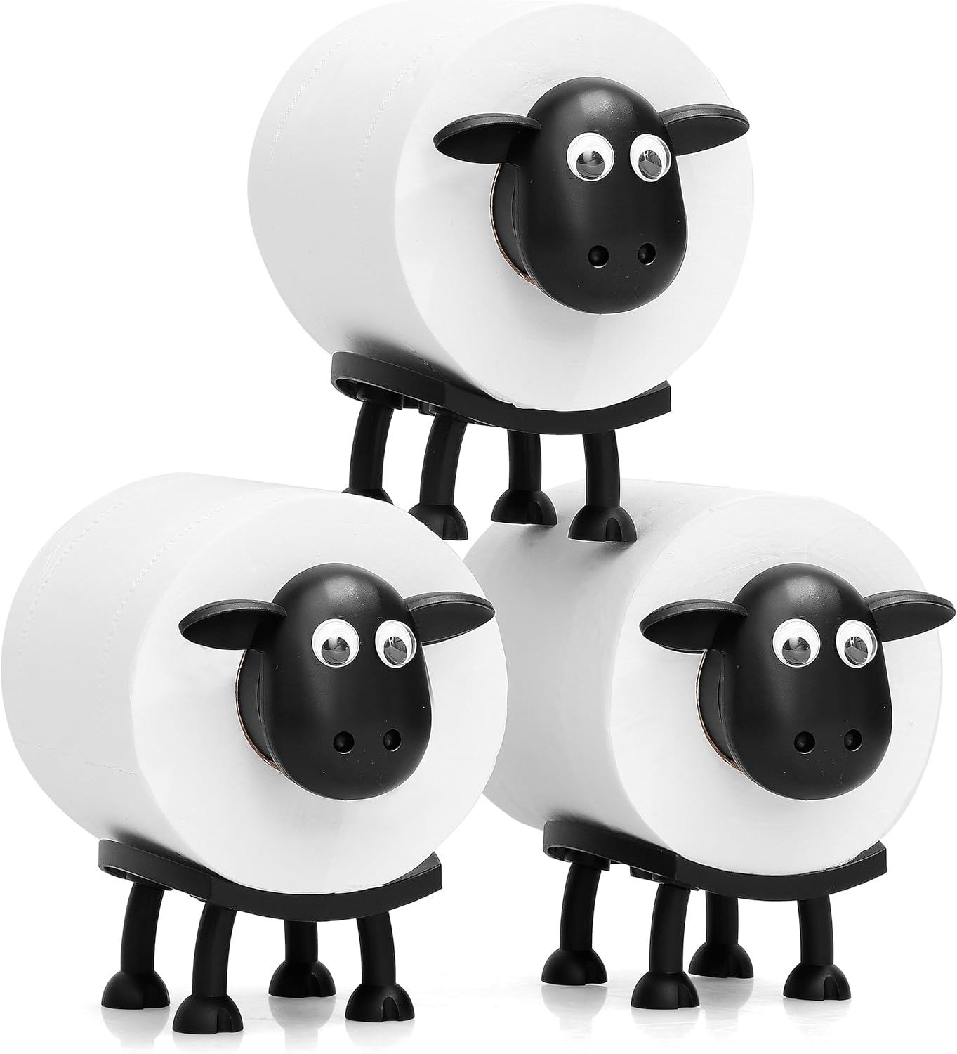 Sheep Toilet Paper Holder Set, 3-Pack, Black Sheep Funny Bathroom Decor, Free Standing Cute Animal Toilet Paper Organizer, Unique Bathroom Accessories, Modern Farmhouse Decor, No Assembly, Gift-Ready