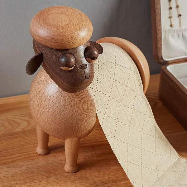  Elegant Sheep Shaped Tissue Holder in High-Quality Beech Wood and Rich Black Walnut Wood