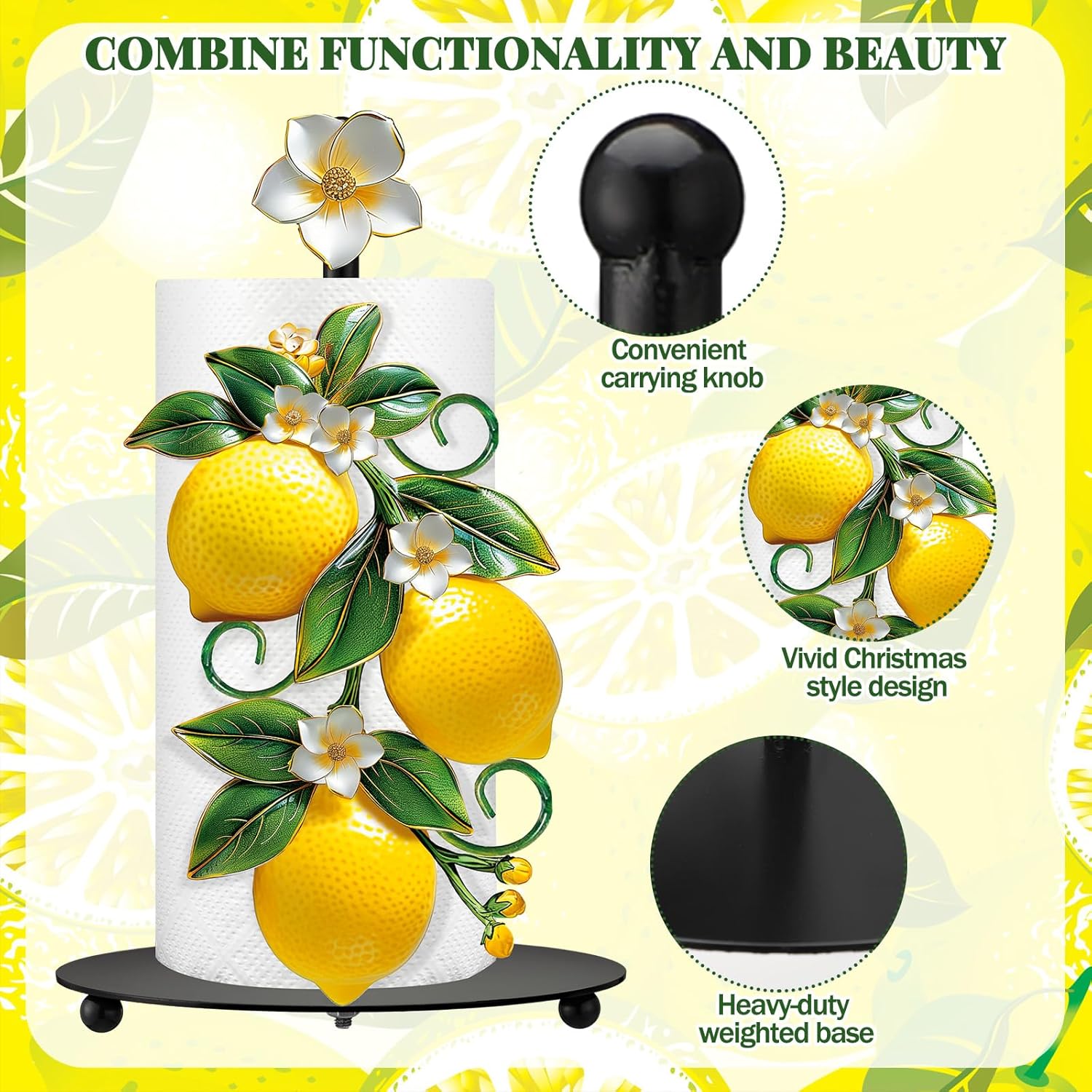 Lemon Blossom Paper Towel Holder, with Round Base Lemon Bathroom Décor Rustic Housewarming Gifts Dispenser Kitchen Paper Holder Stand for Christmas Yellow Countertop Toilet Home Accessories