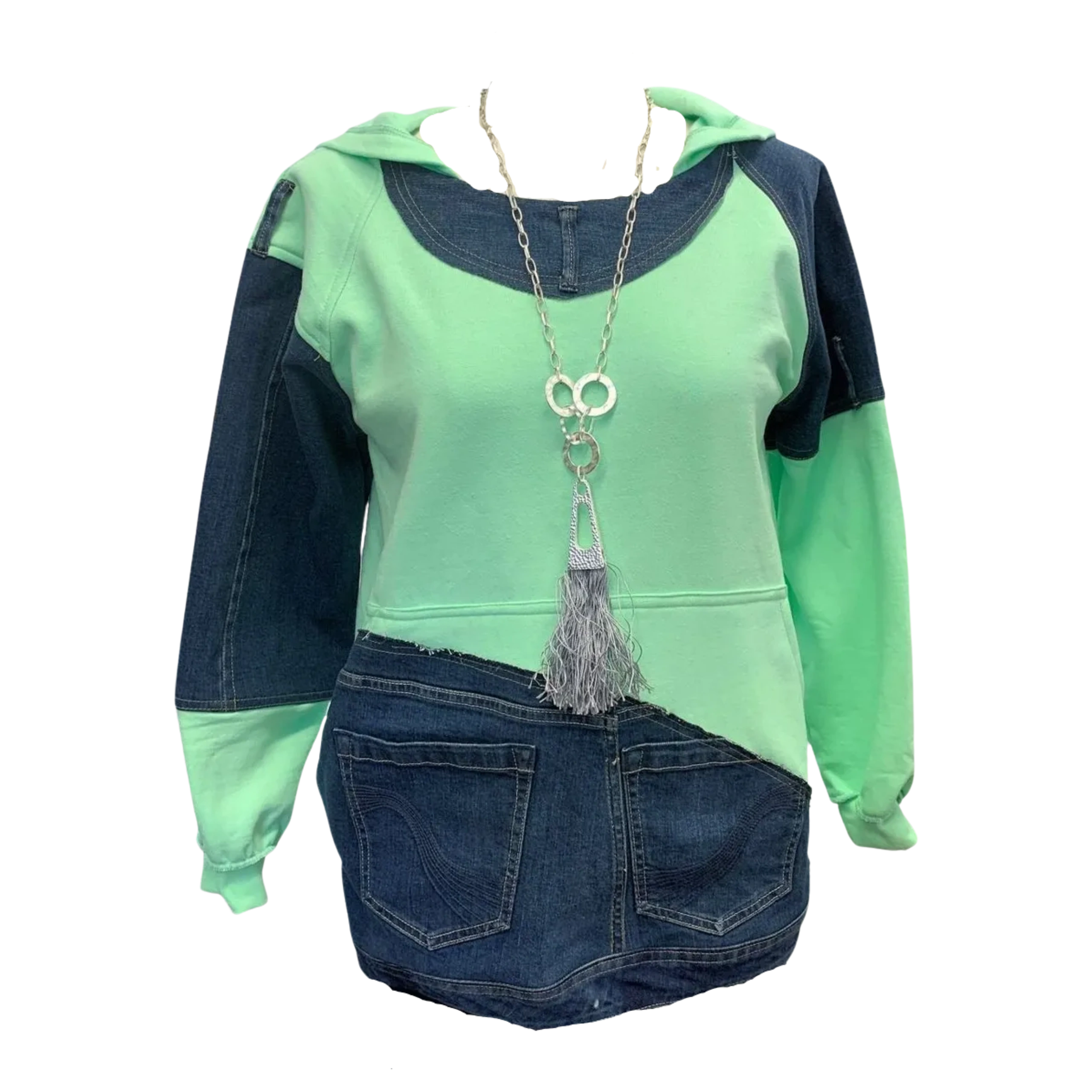 Brooklyn Sweatshirt in Pistachio Green and Upcycled denim