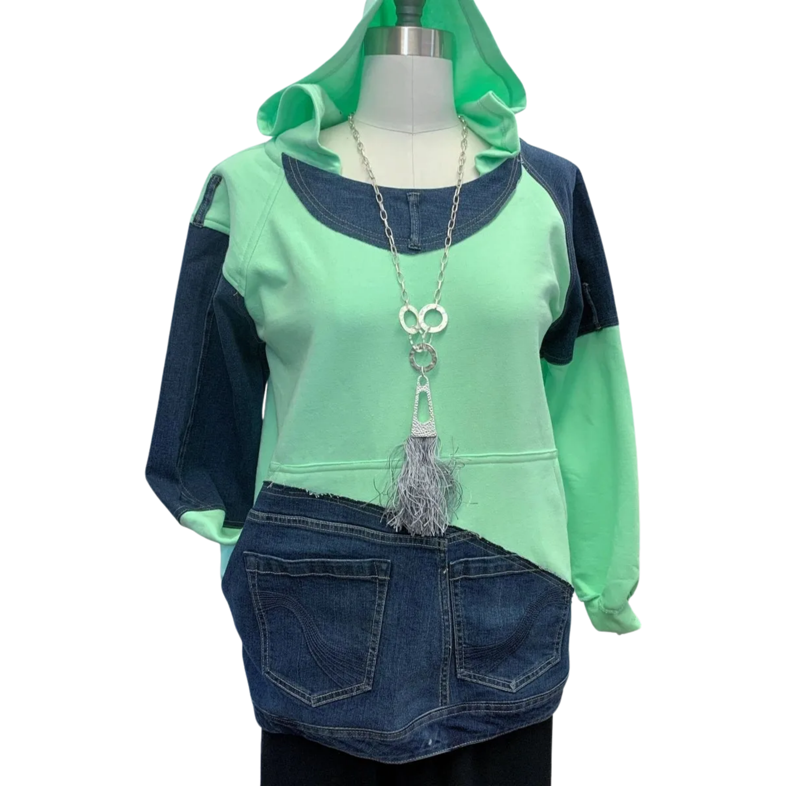 Brooklyn Sweatshirt in Pistachio Green and Upcycled denim