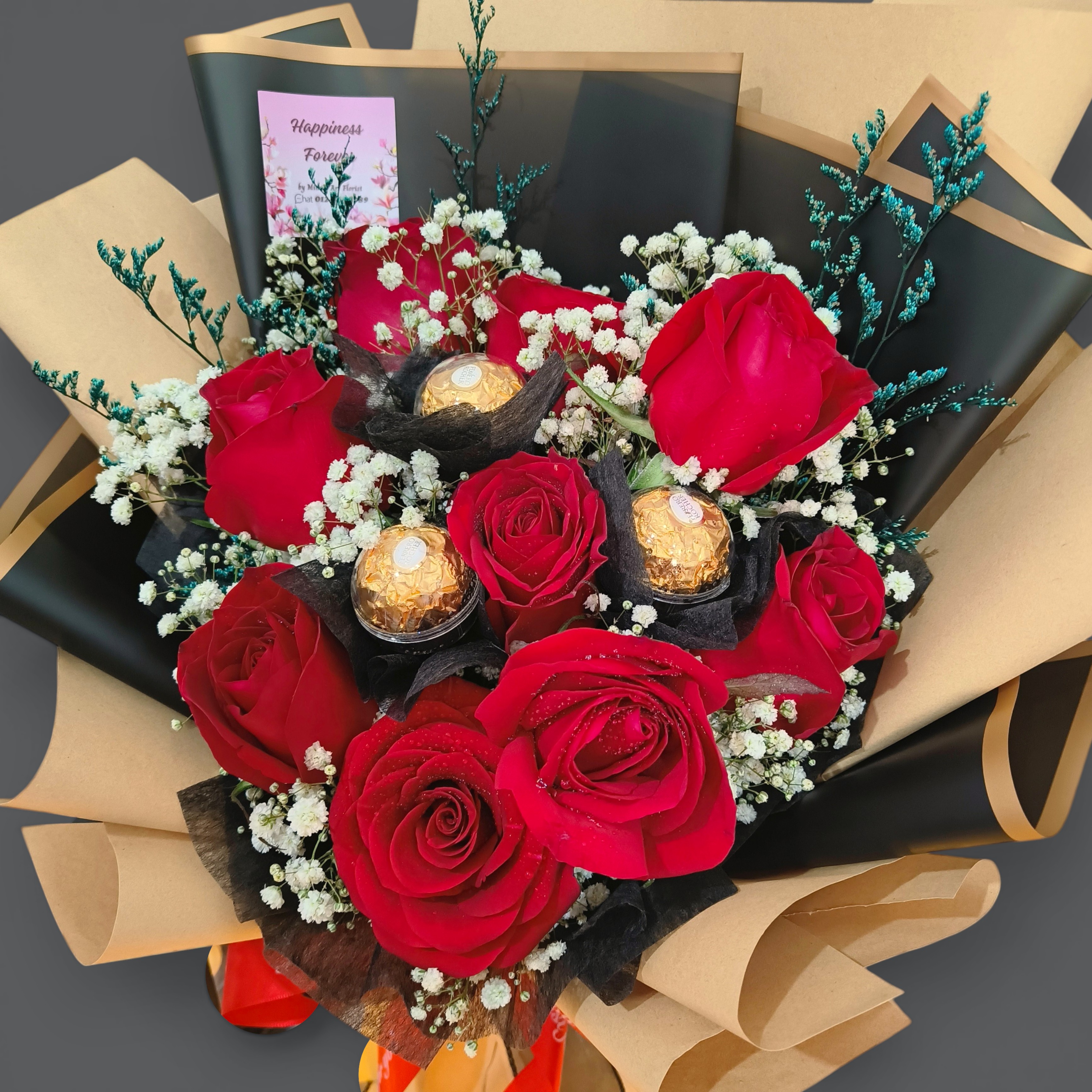 Fresh Red Roses & Ferrero Rocher Chocolate Bouquet RM210 | Romantic Flower Delivery Penang 玫瑰花束 情人节/生日礼物