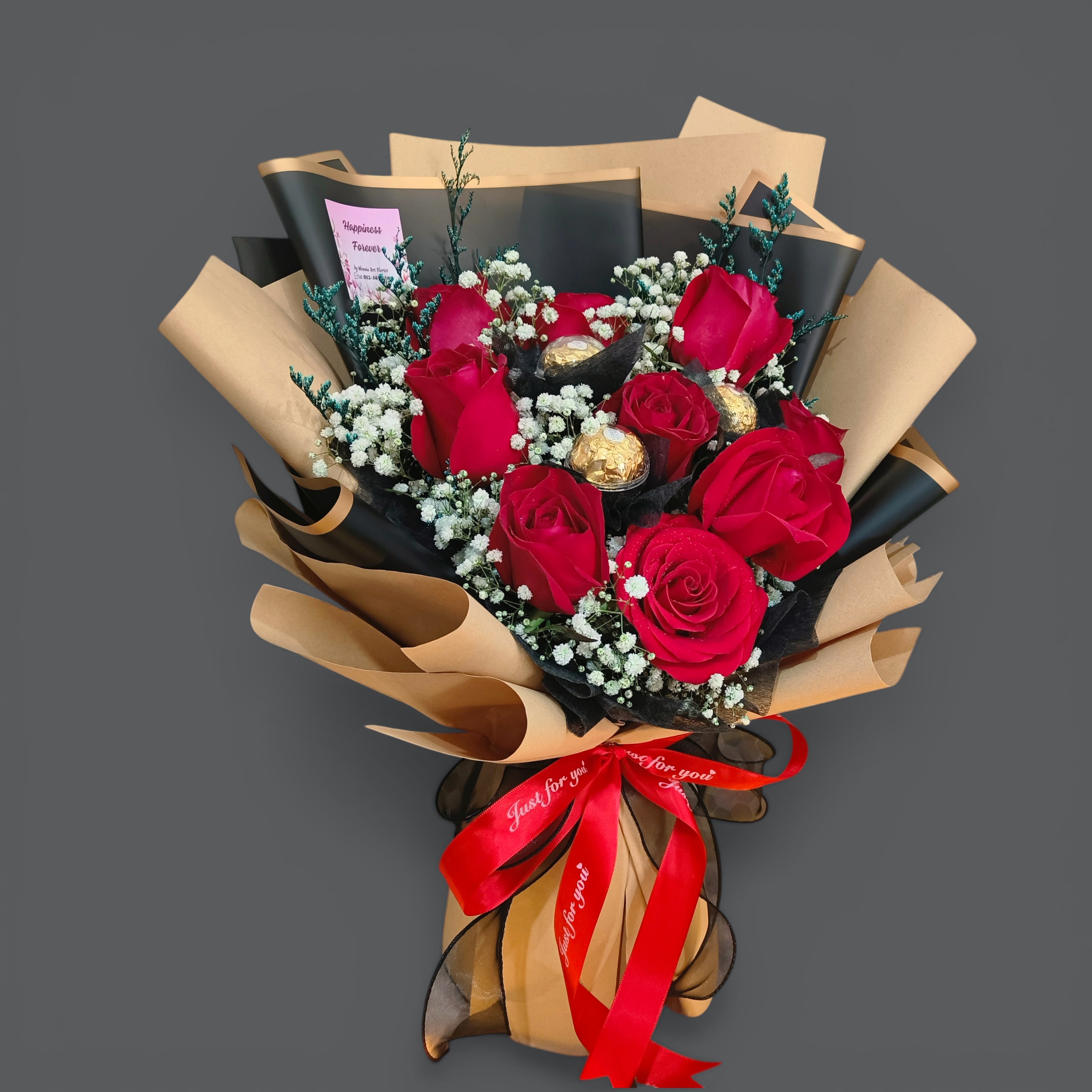 Fresh Red Roses & Ferrero Rocher Chocolate Bouquet RM210 | Romantic Flower Delivery Penang 玫瑰花束 情人节/生日礼物