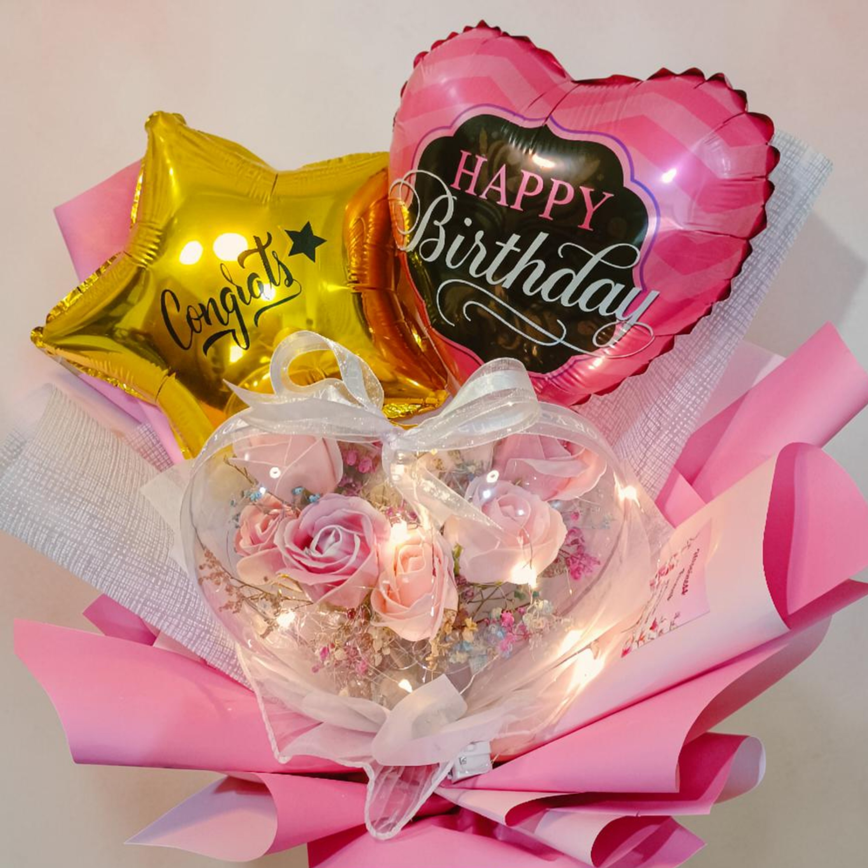 LED Acrylic Flower Balloon Bouquet RM185 | Birthday Surprise Delivery Penang 生日气球花束 亚克力透明花盒