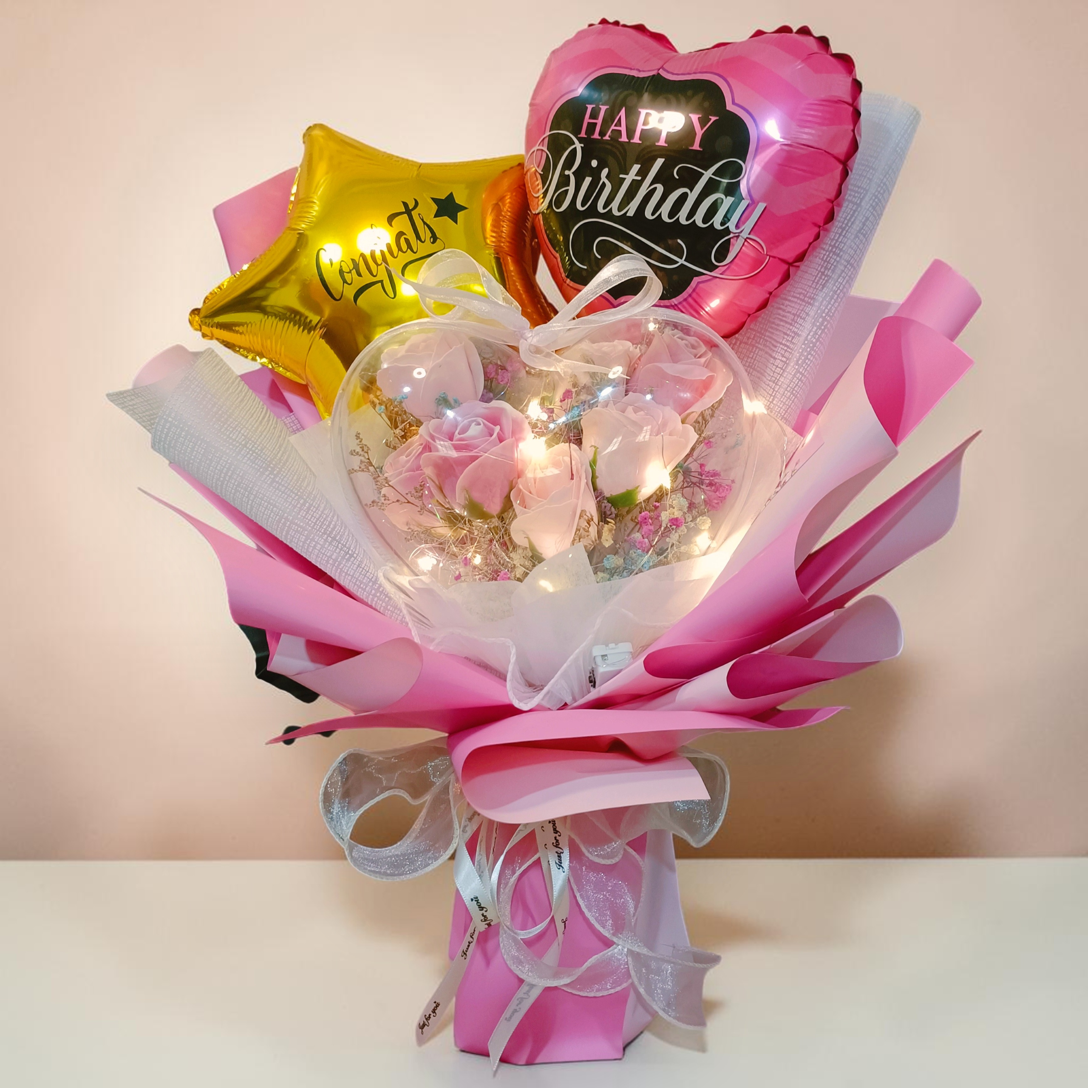 LED Acrylic Flower Balloon Bouquet RM185 | Birthday Surprise Delivery Penang 生日气球花束 亚克力透明花盒