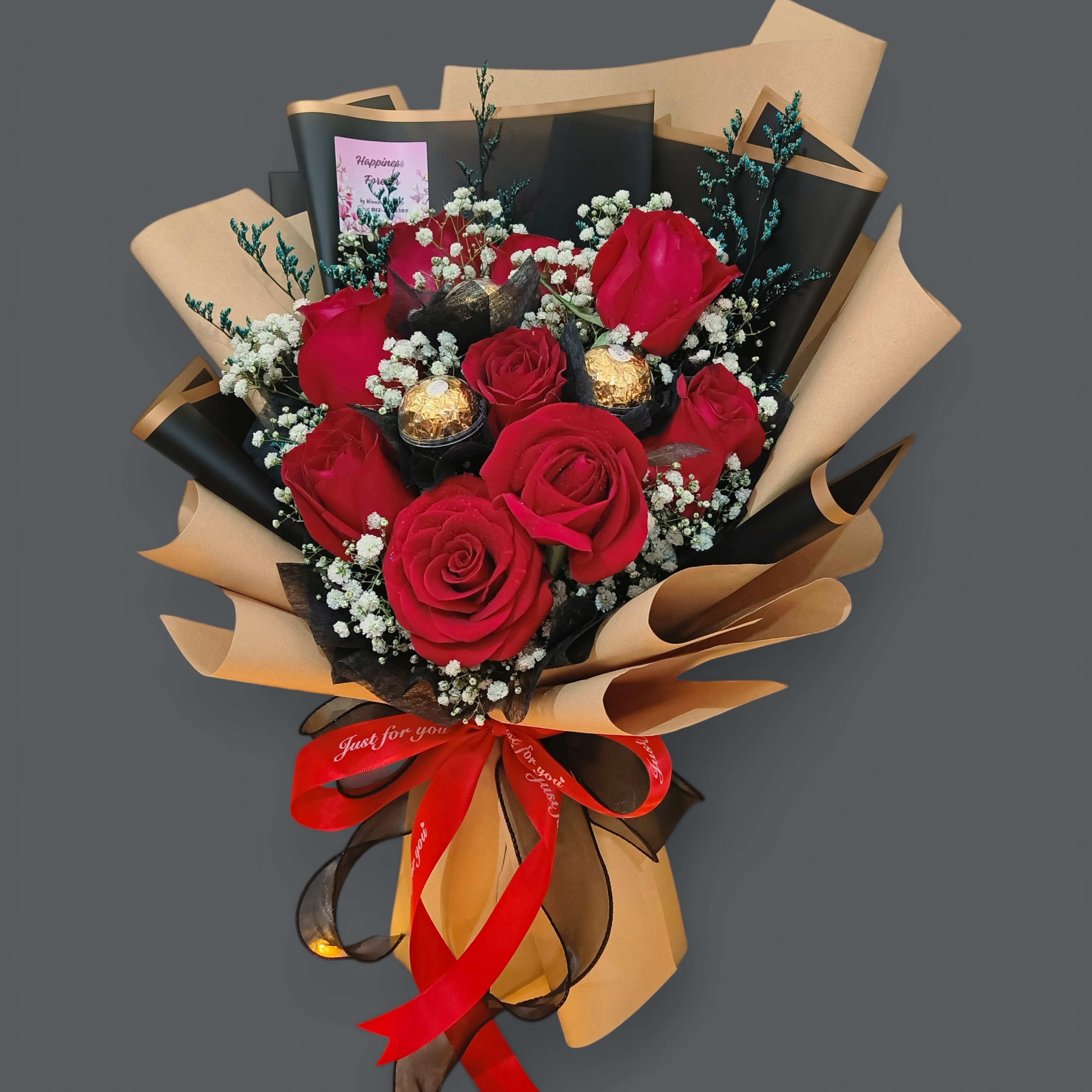 Fresh Red Roses & Ferrero Rocher Chocolate Bouquet RM210 | Romantic Flower Delivery Penang 玫瑰花束 情人节/生日礼物