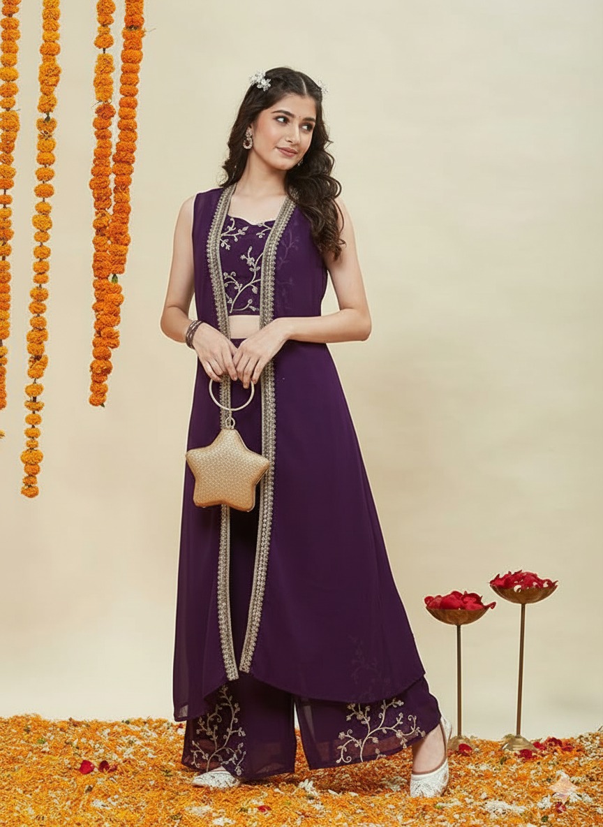 Purple Embroidered Palazzo Set
