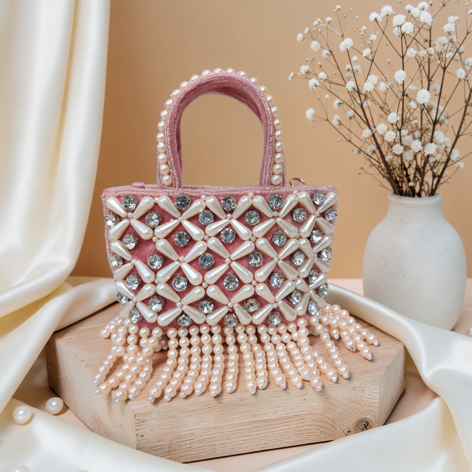 Pearl Embellished Pink Handbag