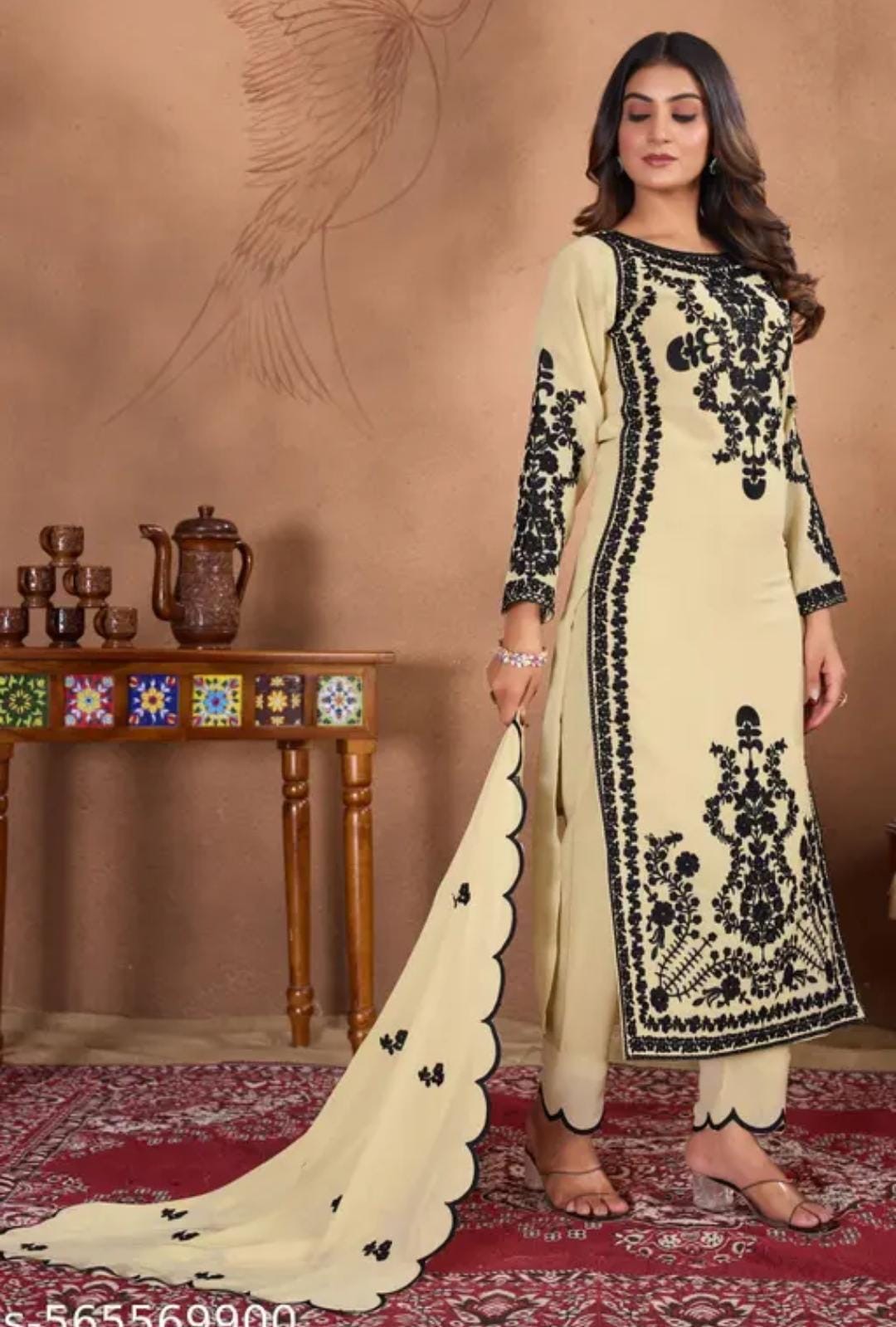 Embroidered Cream Salwar Kameez Set