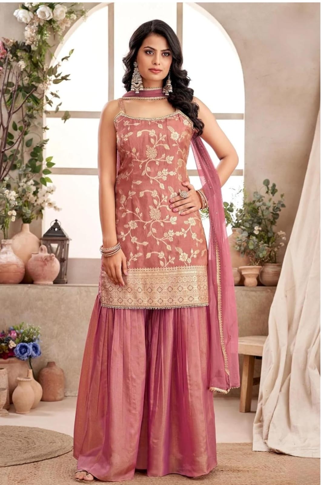Embroidered Peach Palazzo Suit