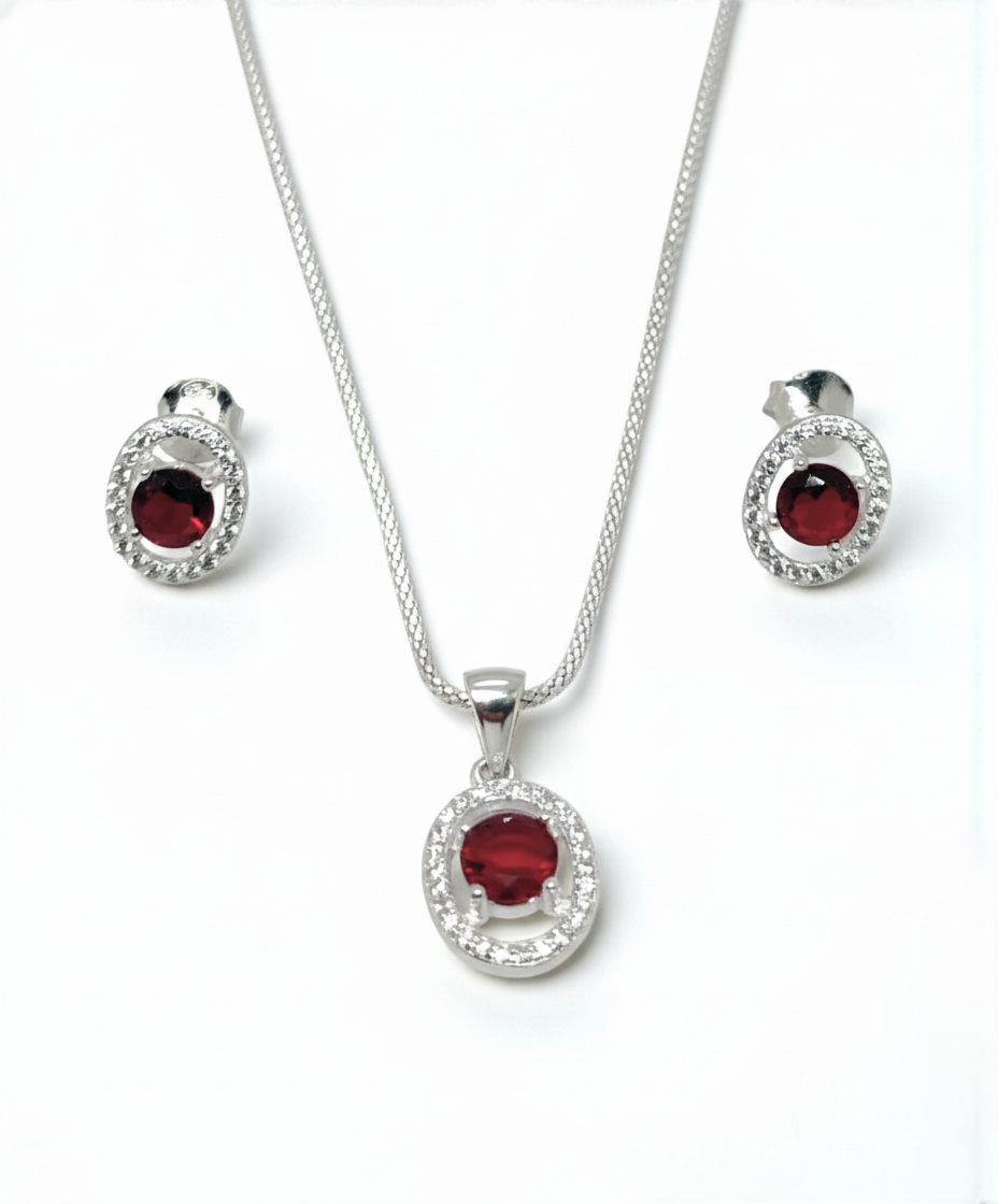 Pure 925 Sterling Silver Elegant Red Stone Oval Halo Jewelry Sett - Sparkling CZ Pendant Necklace & Stud Earrings for Women,Girl