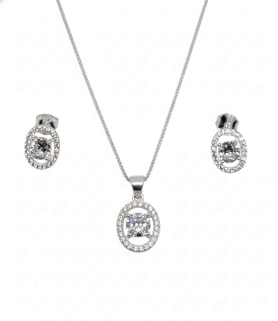   Pure 925 Sterling Silver Crystal Pendant & Earrings Set - Sparkling CZ Pendant Necklace & Stud Earrings for Women,Girls