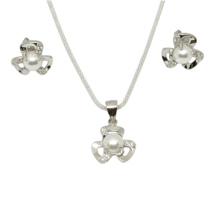   Pure 925 Silver Elegant Pearl Flower Jewelry Set Necklace and Earrings Jewelry Set For Women,Girls (Set of 1)