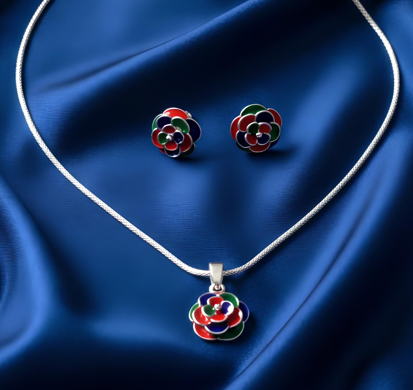 Pure 925 Silver Multicolor Floral Pendant Necklace and Earrings Jewelry Set (Set of 1)