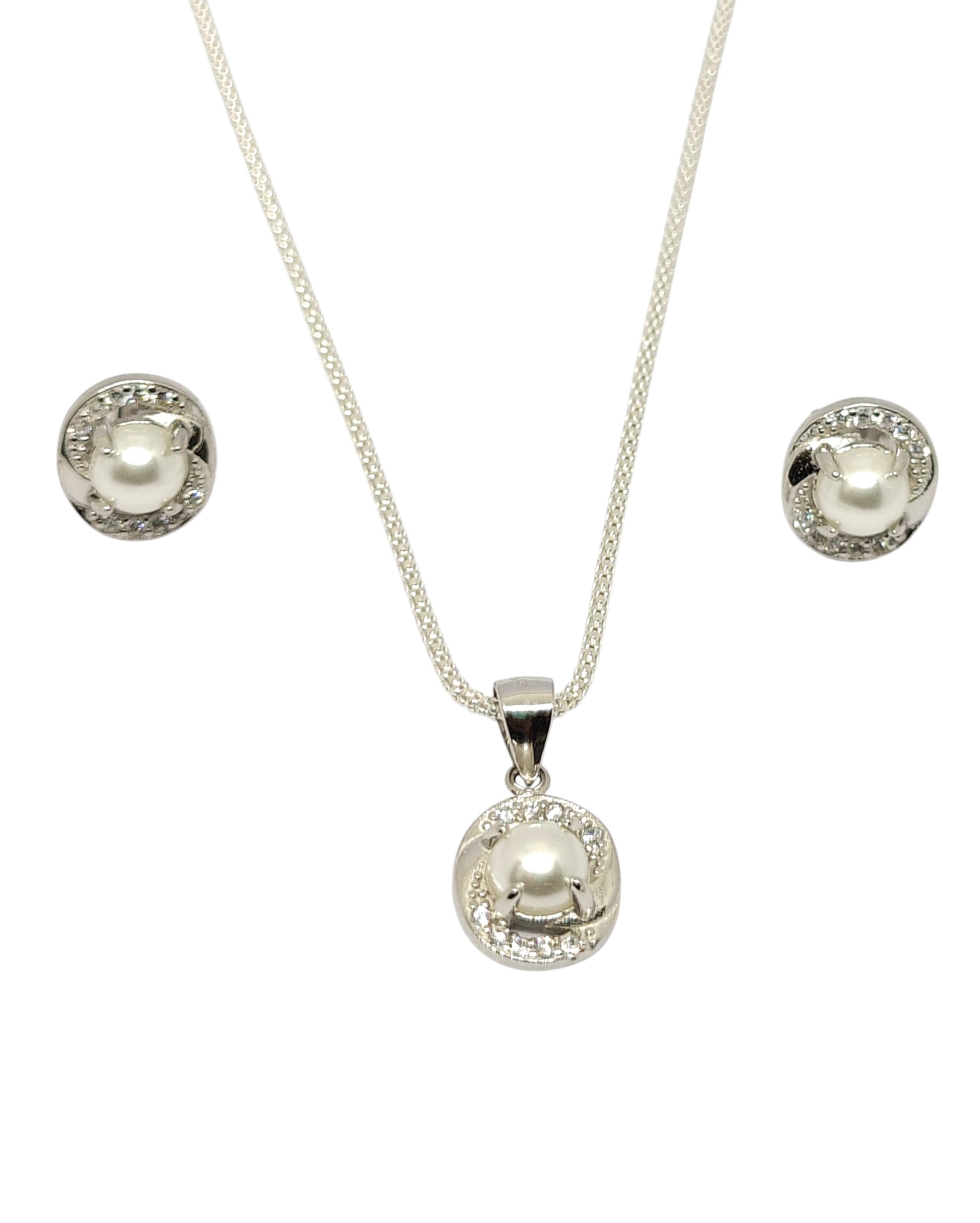 Pure 925 sterling silver Pearl Pendant Necklace and Earrings Jewelry Set For Women,Girls (Set of 1)