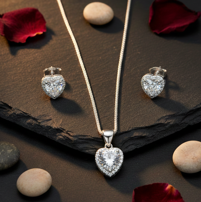 Pure 925 Sterling Silver Heart Shape Jewelry Set - Sparkling CZ Pendant Necklace & Stud Earrings for Women,Girls