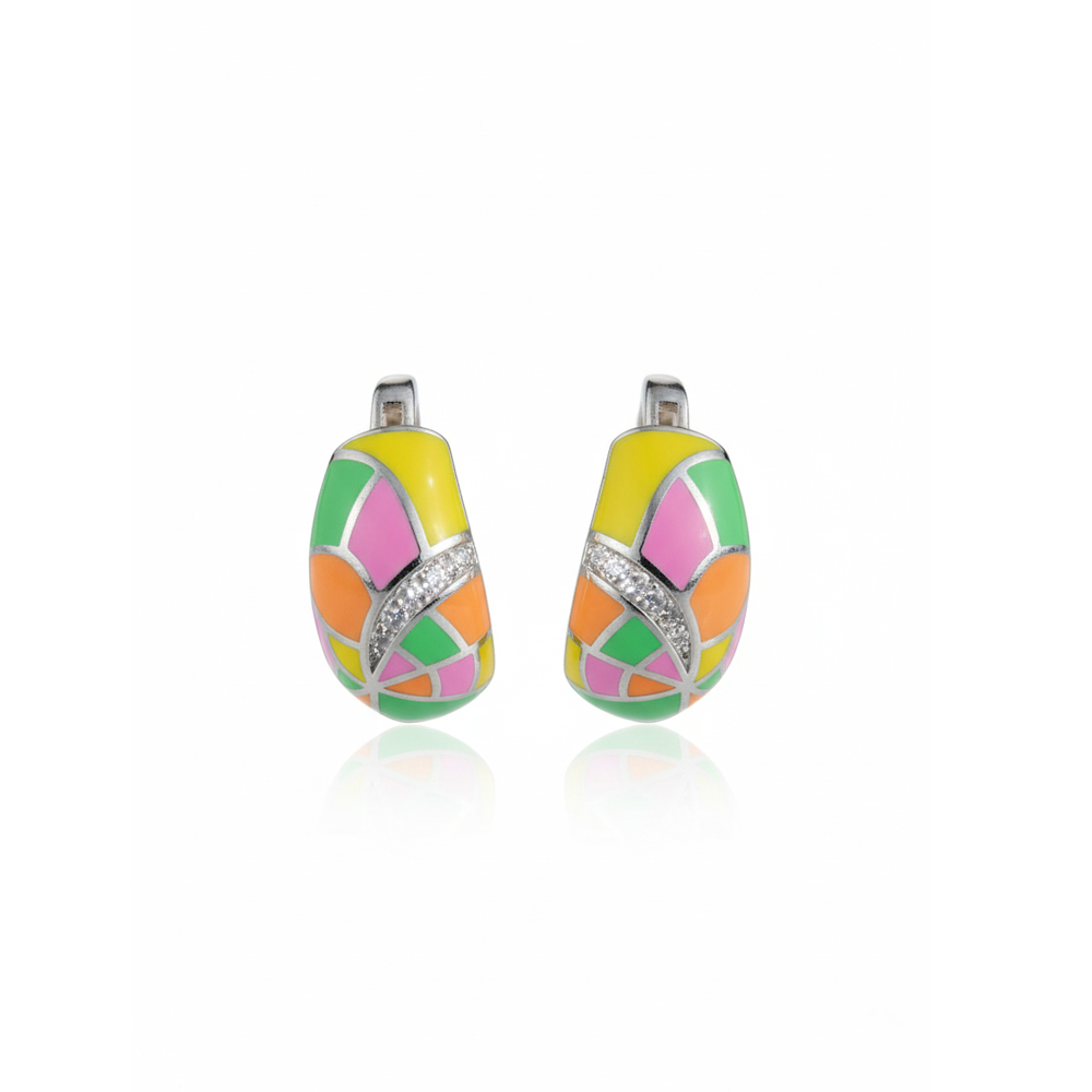 Pure 925 Sterling Silver Hoop Earrings, Multicolour Enamel with Crystal Accents, Contemporary Geometric Design Earring For Women,Girls