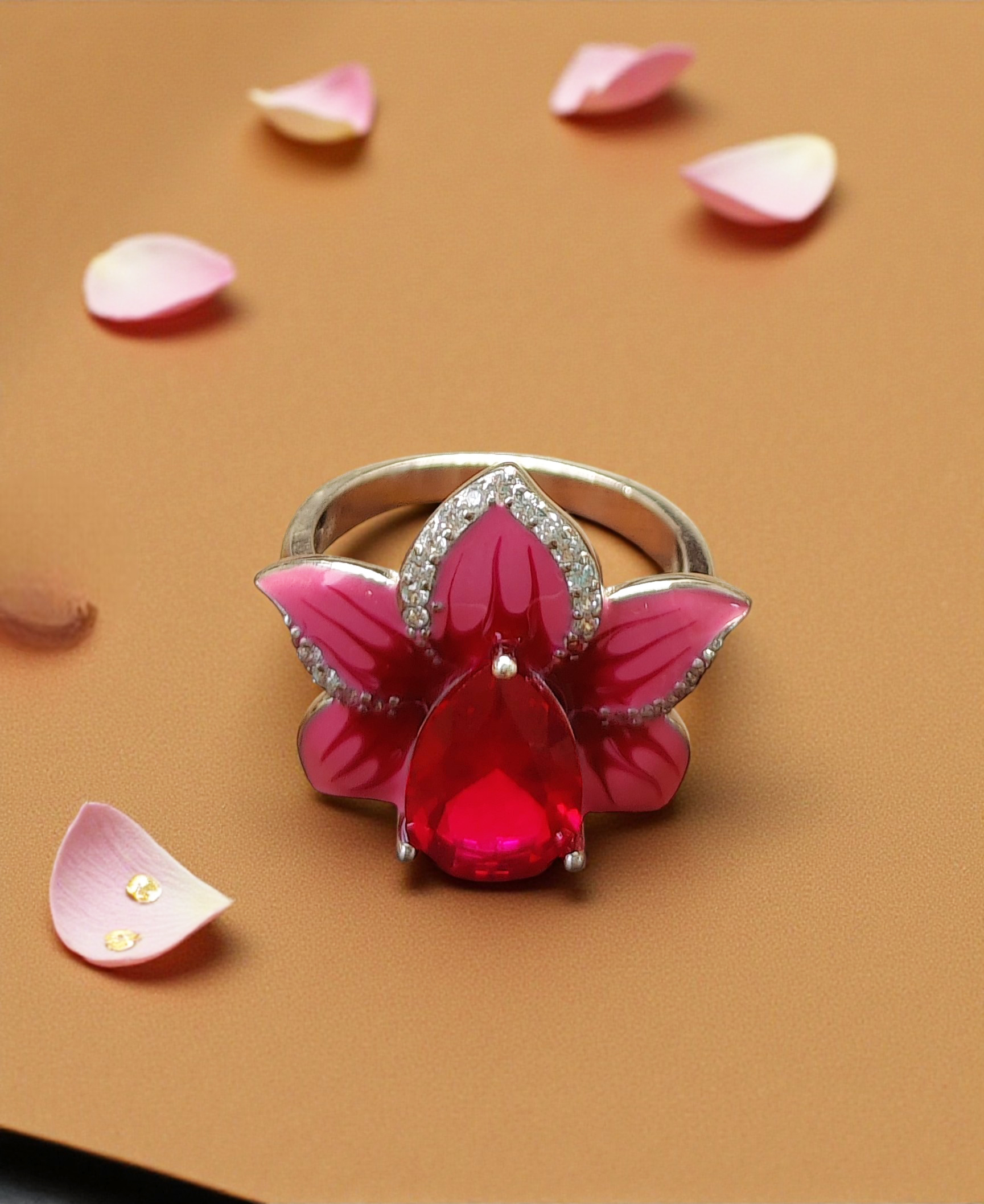 Pure 925 sterling silver Pink Lotus Jewelry Set, Necklace with Pendant, Earrings and Ring For Women,Girls (Set of 1)