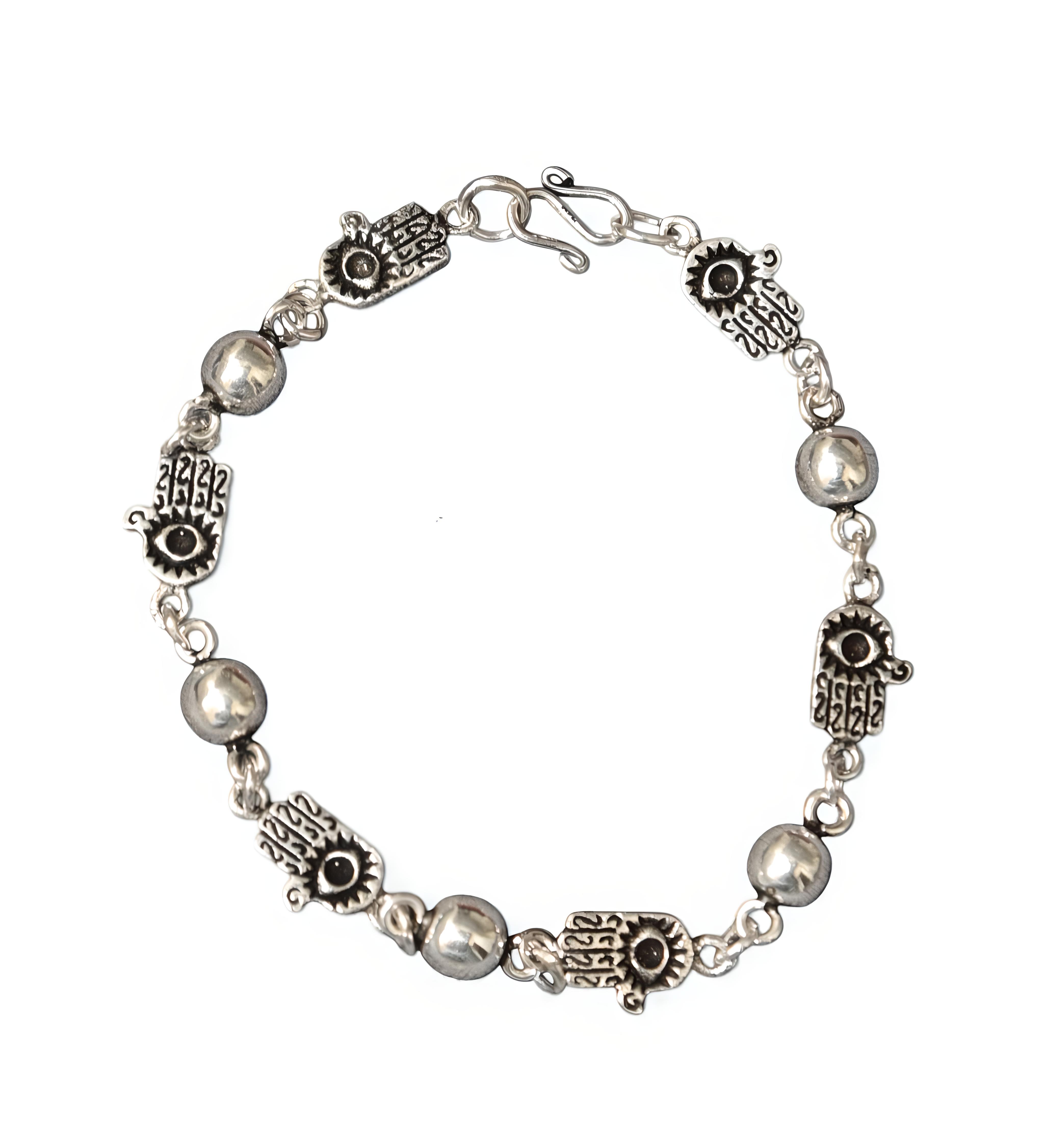 Pure 925 Sterling Silver Hamsa Hand Bracelet with Evil Eye Charms and Beads, For Unisex (Pack of 1)