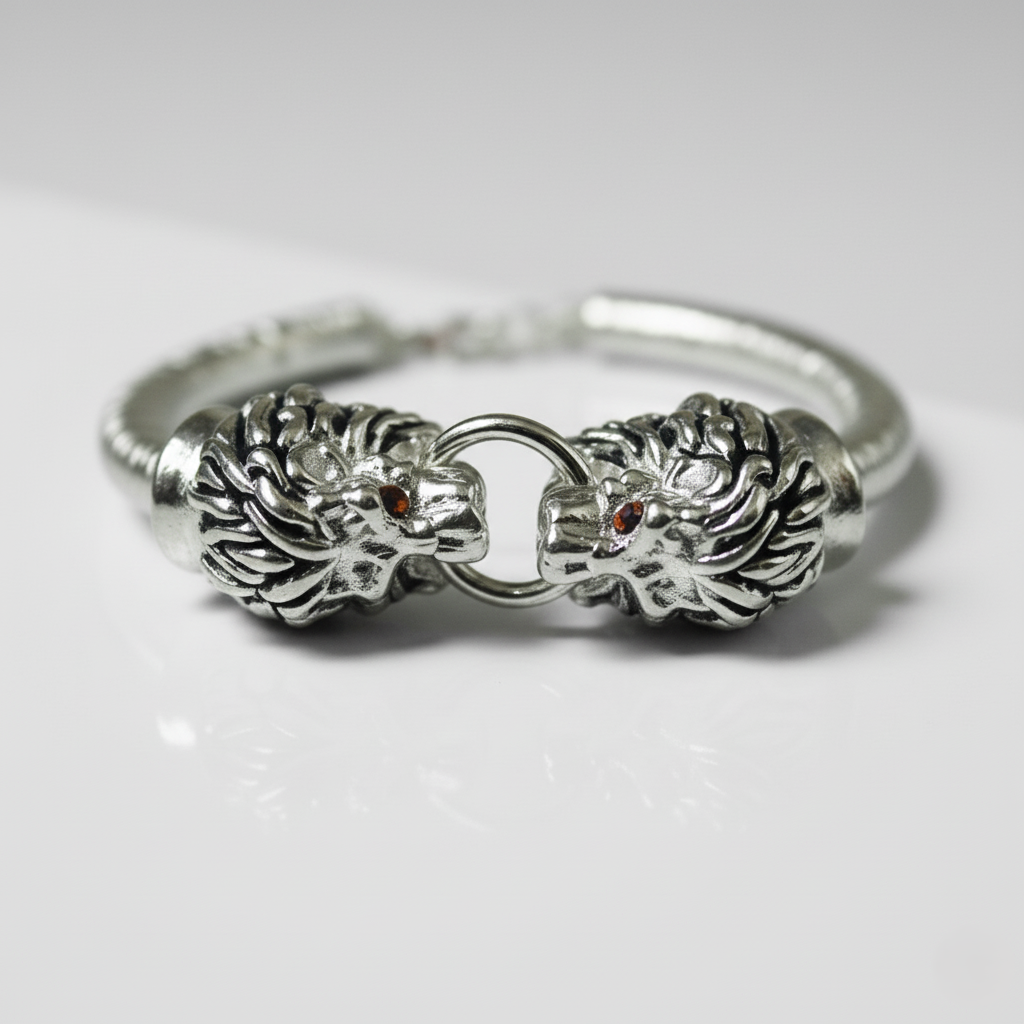 Pure 925 Sterling Silver Fusion Lion Bracelet with Red Stone Accents. With Adjustable Chain, Bracelet For Mens (Pack of 1)