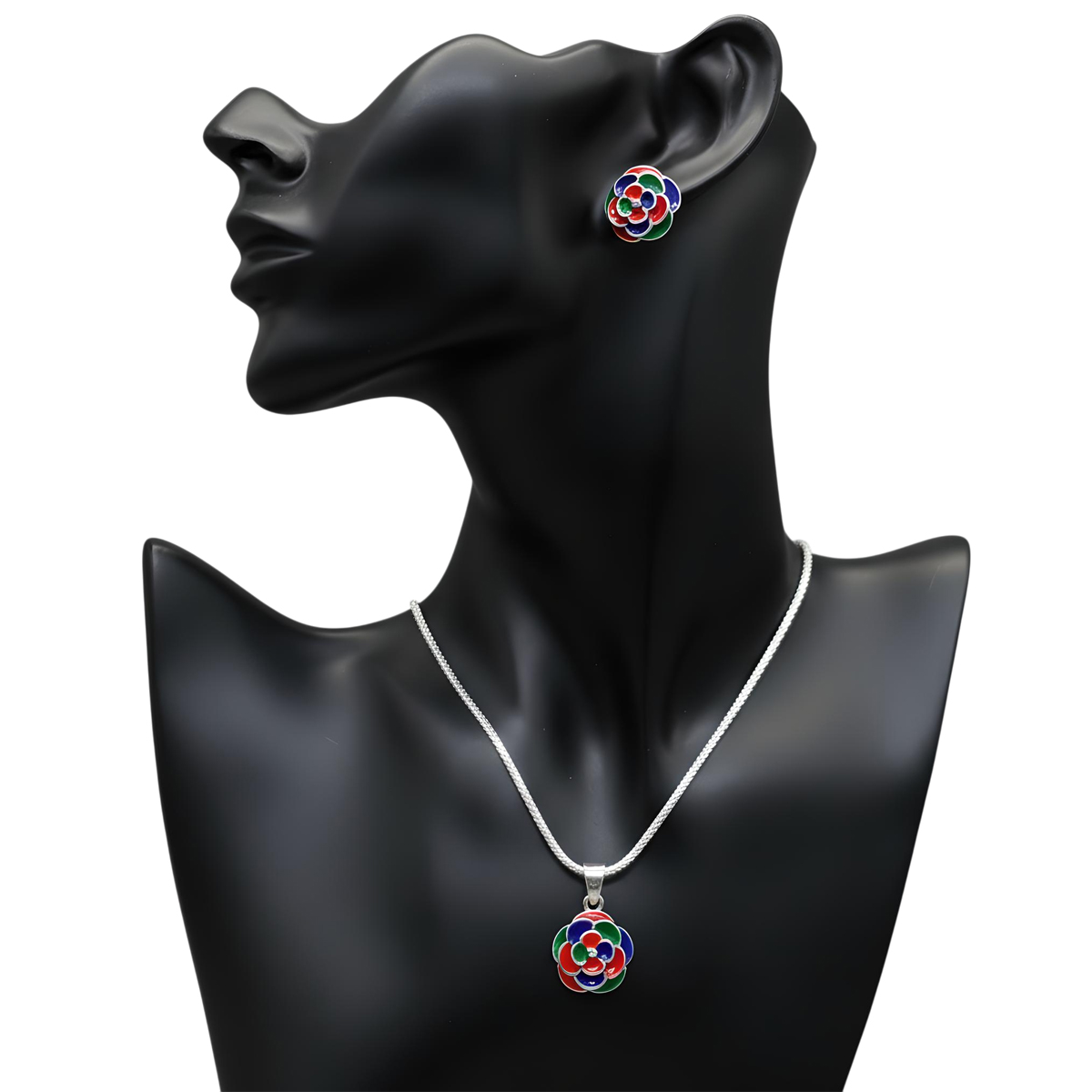 Pure 925 Silver Multicolor Floral Pendant Necklace and Earrings Jewelry Set (Set of 1)