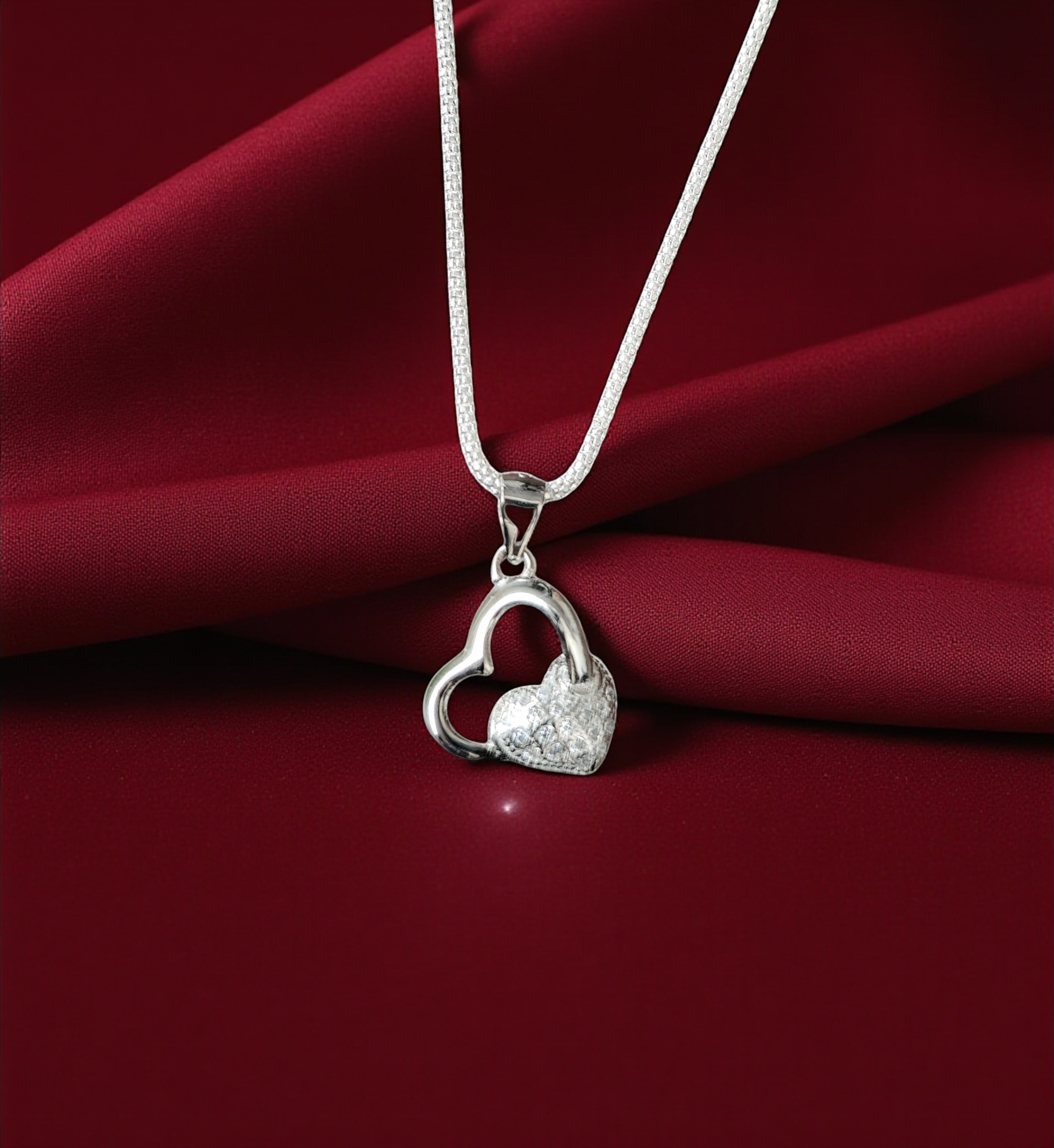 Pure 925 Silver double Heart Pendant Necklace | Dainty Cubic Zirconia Heart Charm – Romantic Gift for Her