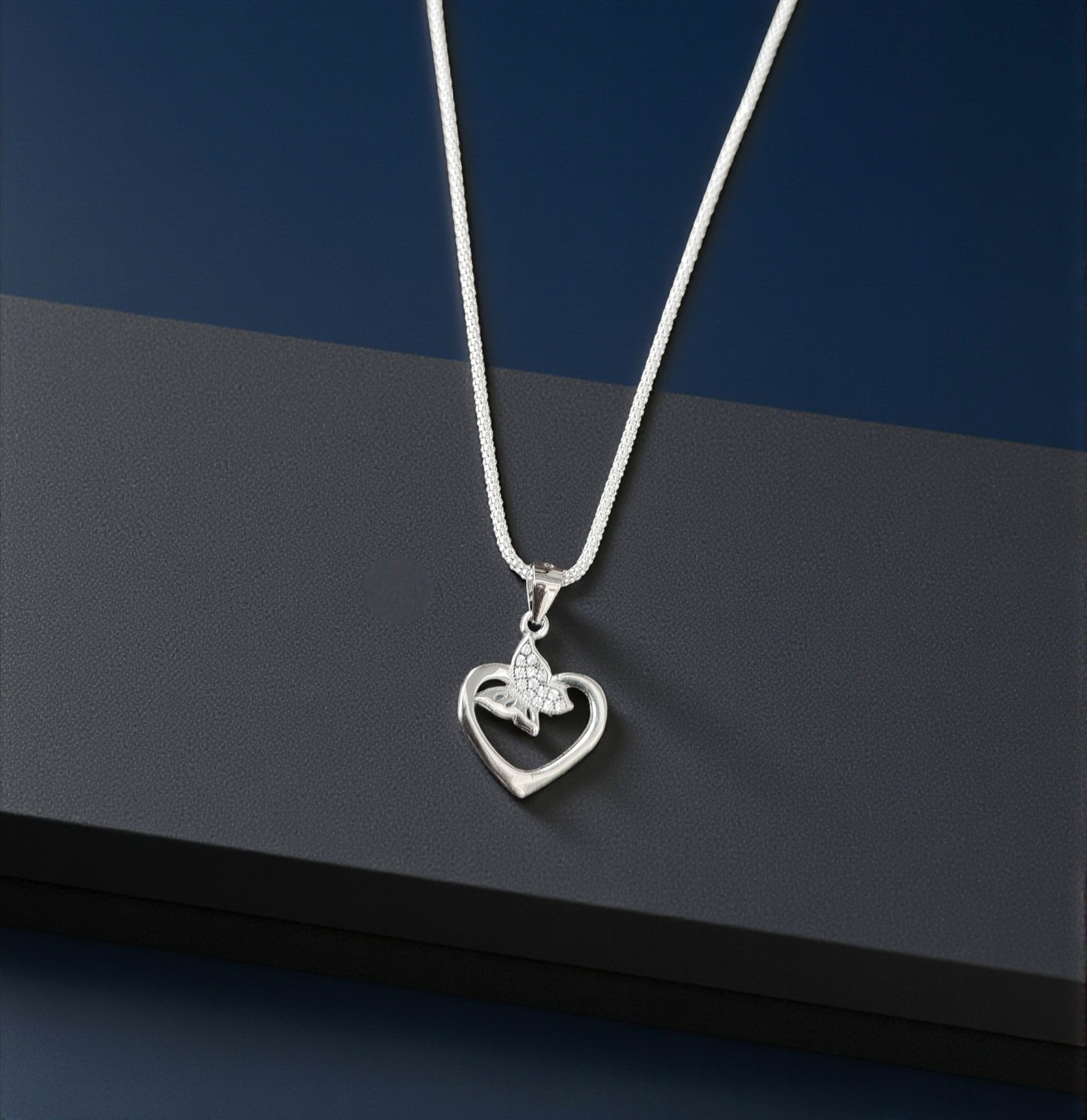Pure 925 sterling silver Heart and Butterfly Pendant Necklace with Chain | Dainty Cubic Zirconia Butterfly Charm–Romantic Gift for Her