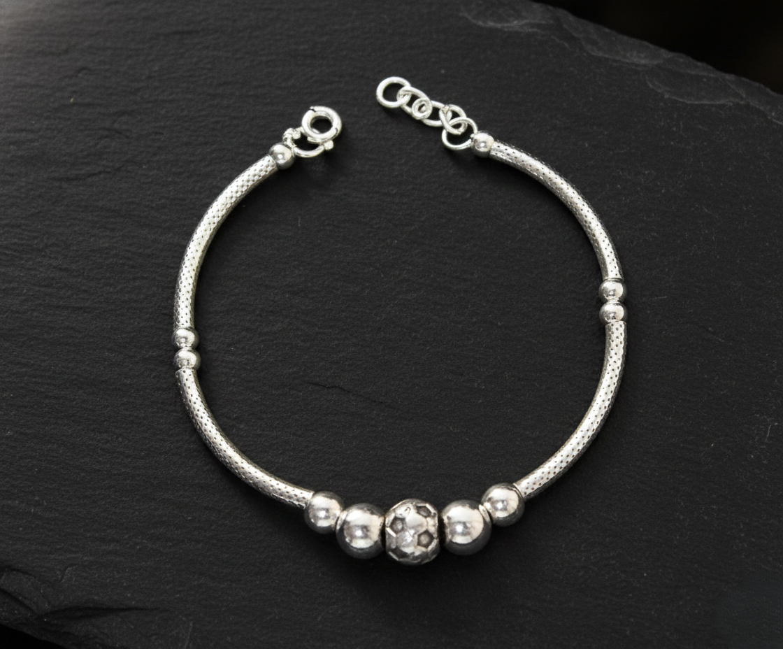 Pure 925 Sterling Silver Bracelet with Soccer Ball Charm, Adjustable Chain with Beaded Design For Women,Girls (Pack of 1)