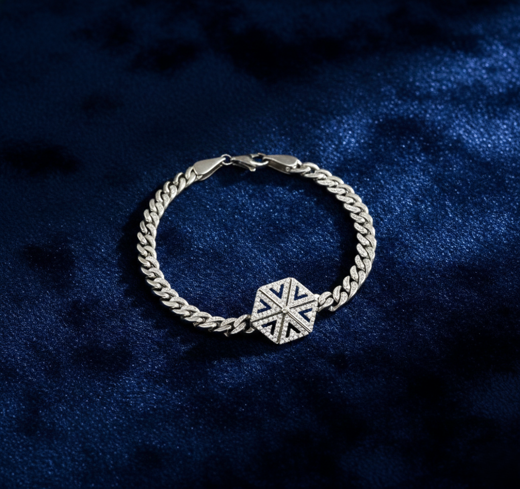 Pure 925 Sterling Silver Bracelet with Cubic Zirconia geometric X design, Centerpiece, Cuban Chain Design For Women,Girls (Pack of 1)