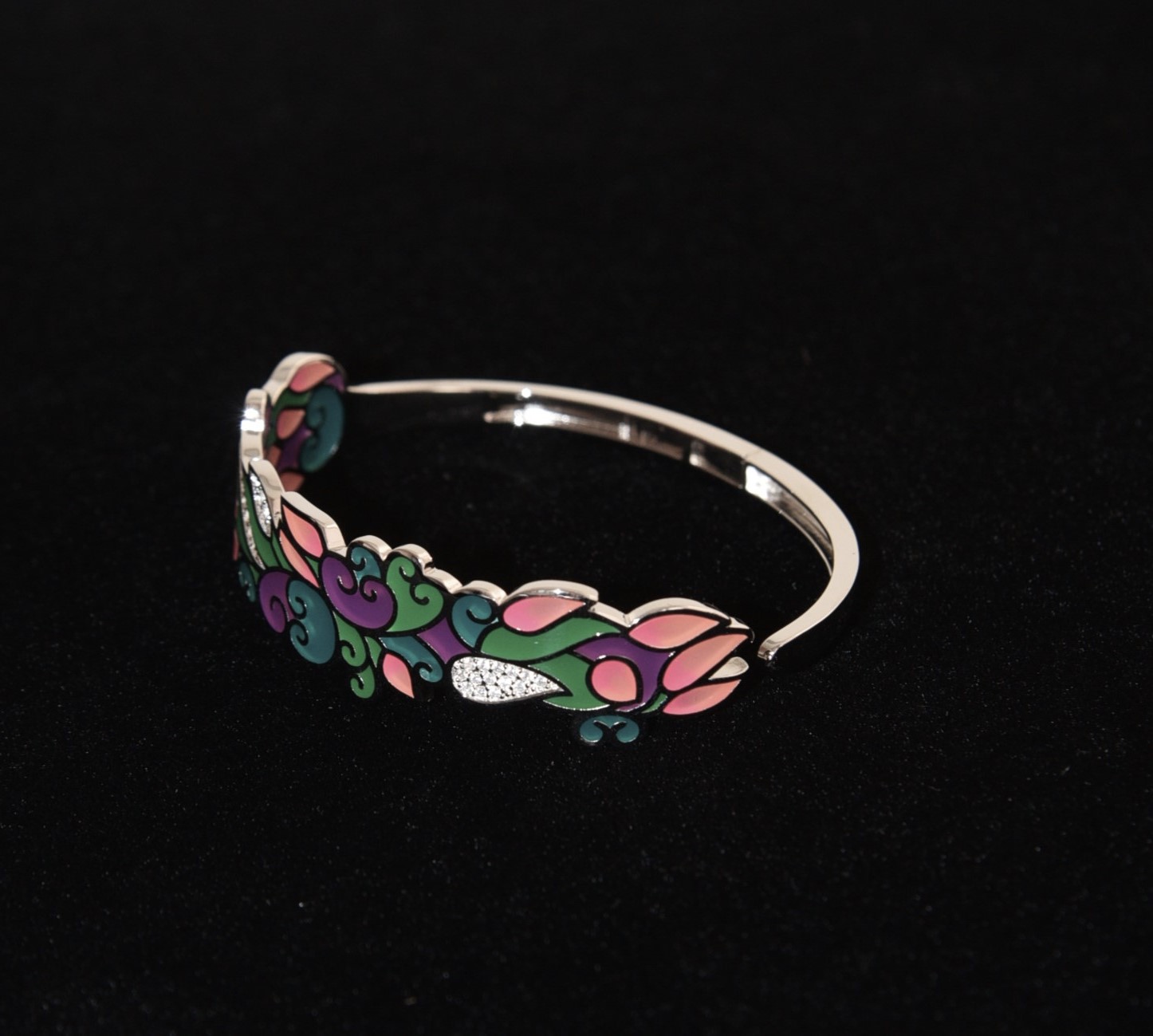 Pure 925 Sterling Silver Colorful Enamel Bangle Bracelet with Crystal Accents, Floral Design For Women (Pack of 1)