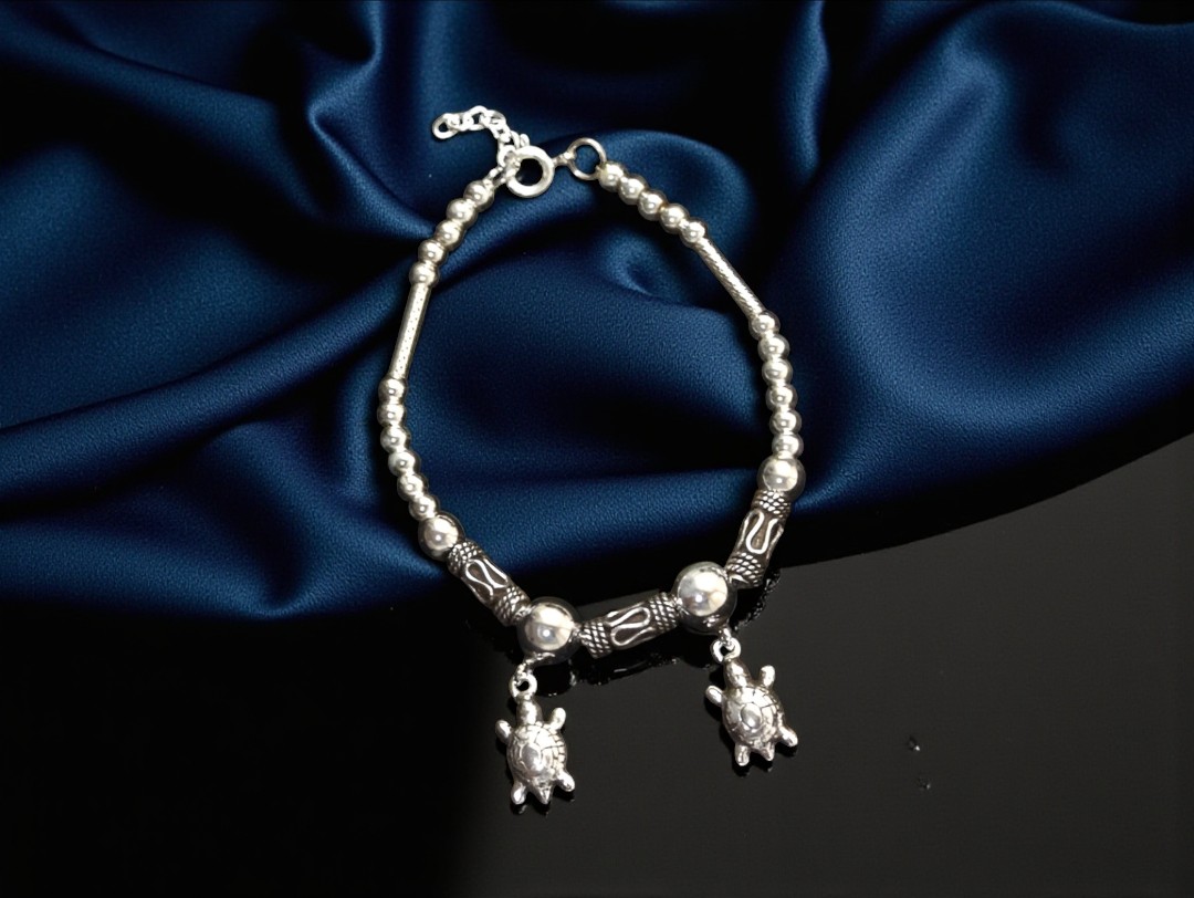 Pure 925 Sterling Silver Bracelet with Turtle Charms, Beaded Design with Adjustable Chain, For Women,Girls, Pack of 1