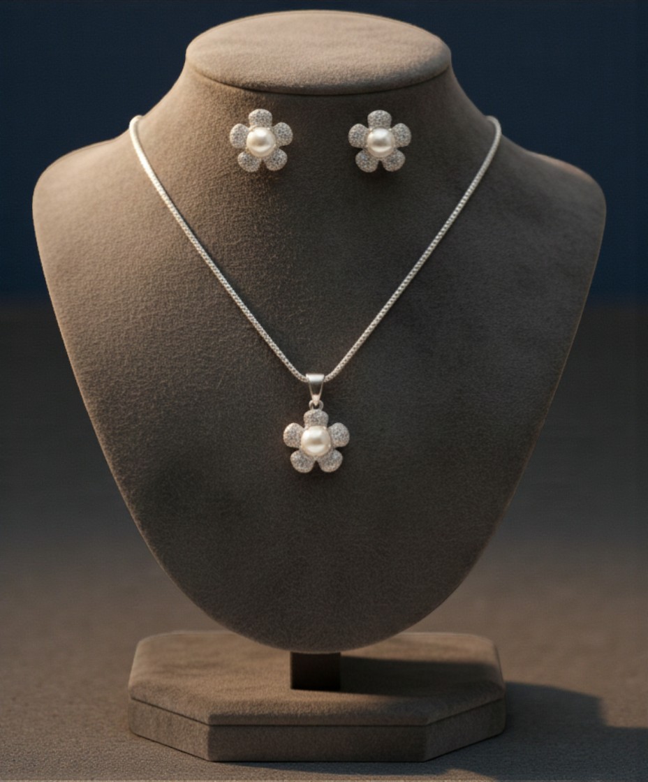 Pure 925 Sterling silver Pearl Flower Pendant Necklace and Earrings Jewelry Set For Women,Girls (Set of 1)