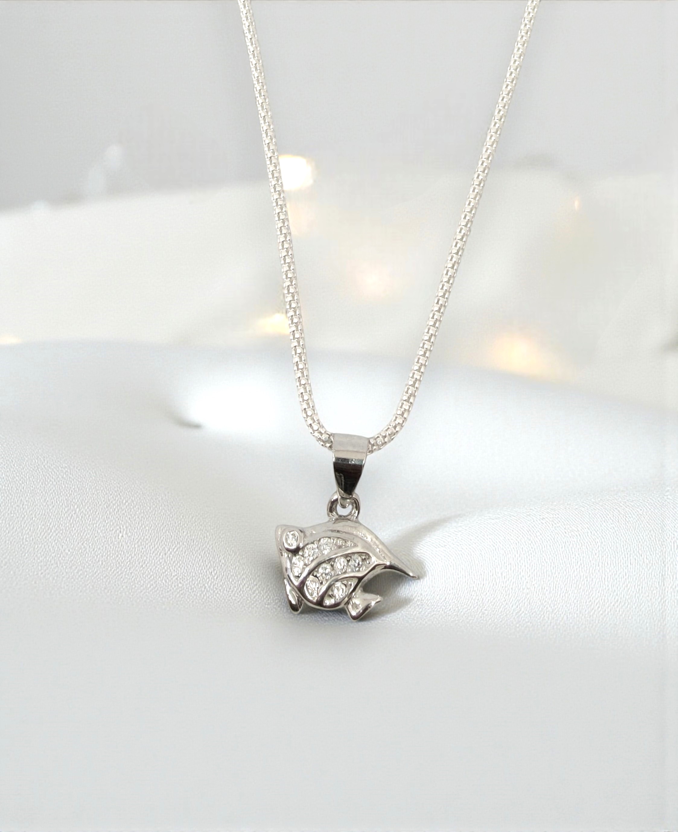 Pure 925 Silver Fish Pendant with Chain, Sterling Silver Necklace | Sparkling Crystals | Fish Locket for Women (pack of 1)
