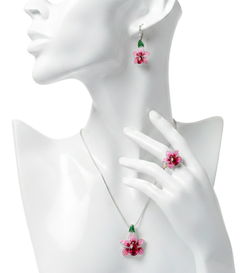 Pure 925 sterling silver Pink Lotus Jewelry Set, Necklace with Pendant, Earrings and Ring For Women,Girls (Set of 1)