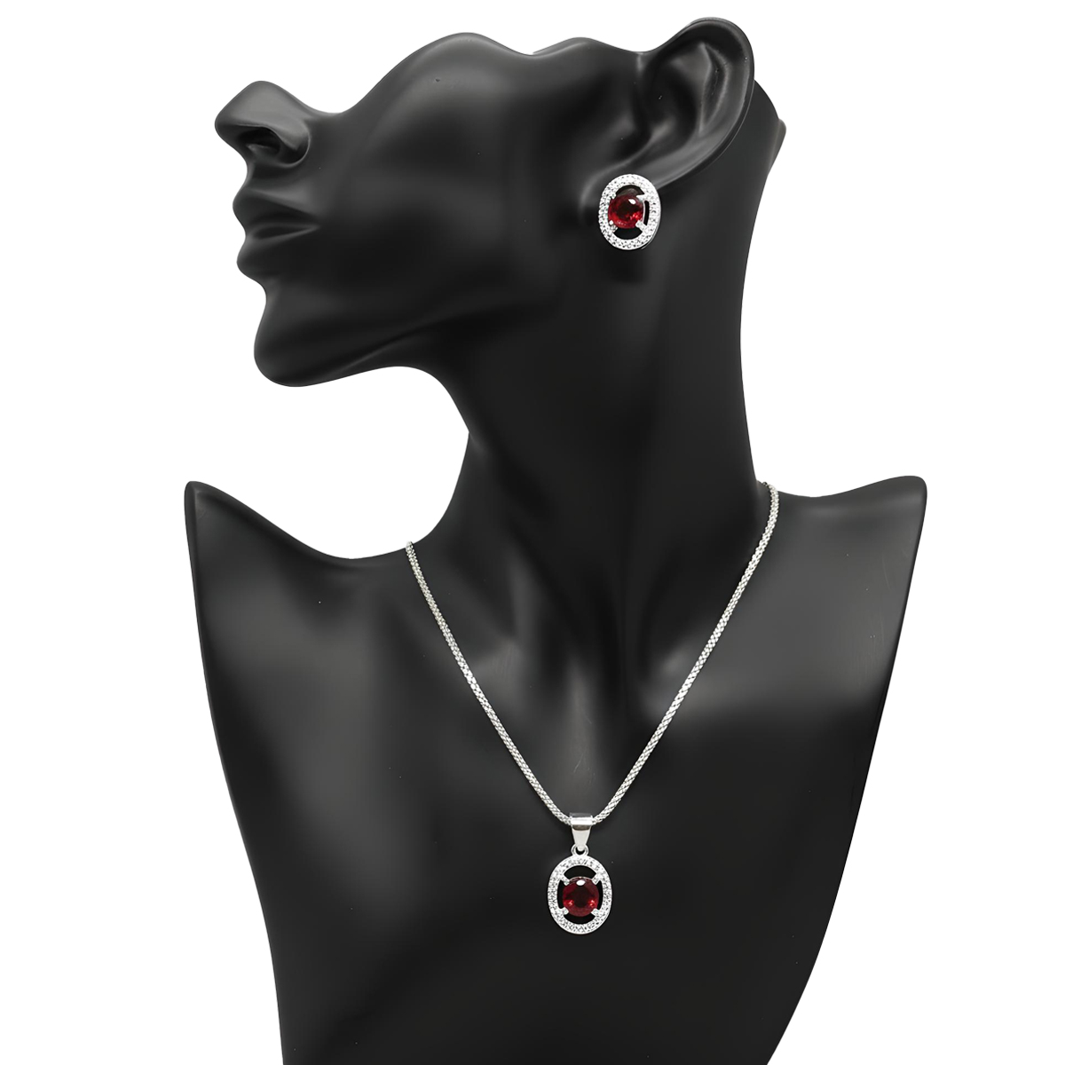 Pure 925 Sterling Silver Elegant Red Stone Oval Halo Jewelry Sett - Sparkling CZ Pendant Necklace & Stud Earrings for Women,Girl