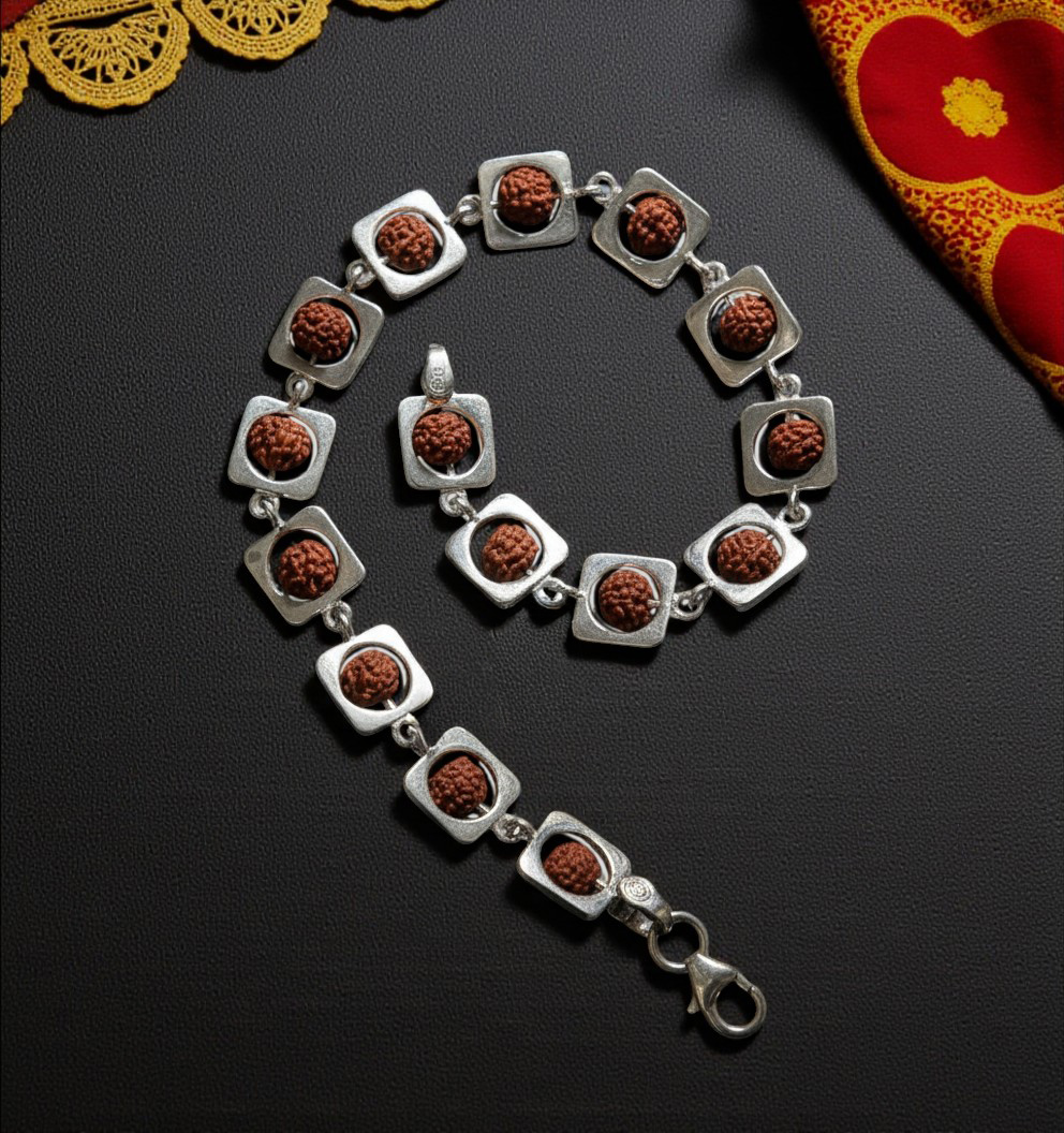 Pure 925 Sterling Silver Rudraksha Bracelet for Unisex - Modern Square Frame Link Design - Spiritual Jewelry Gift (Pack of 1)
