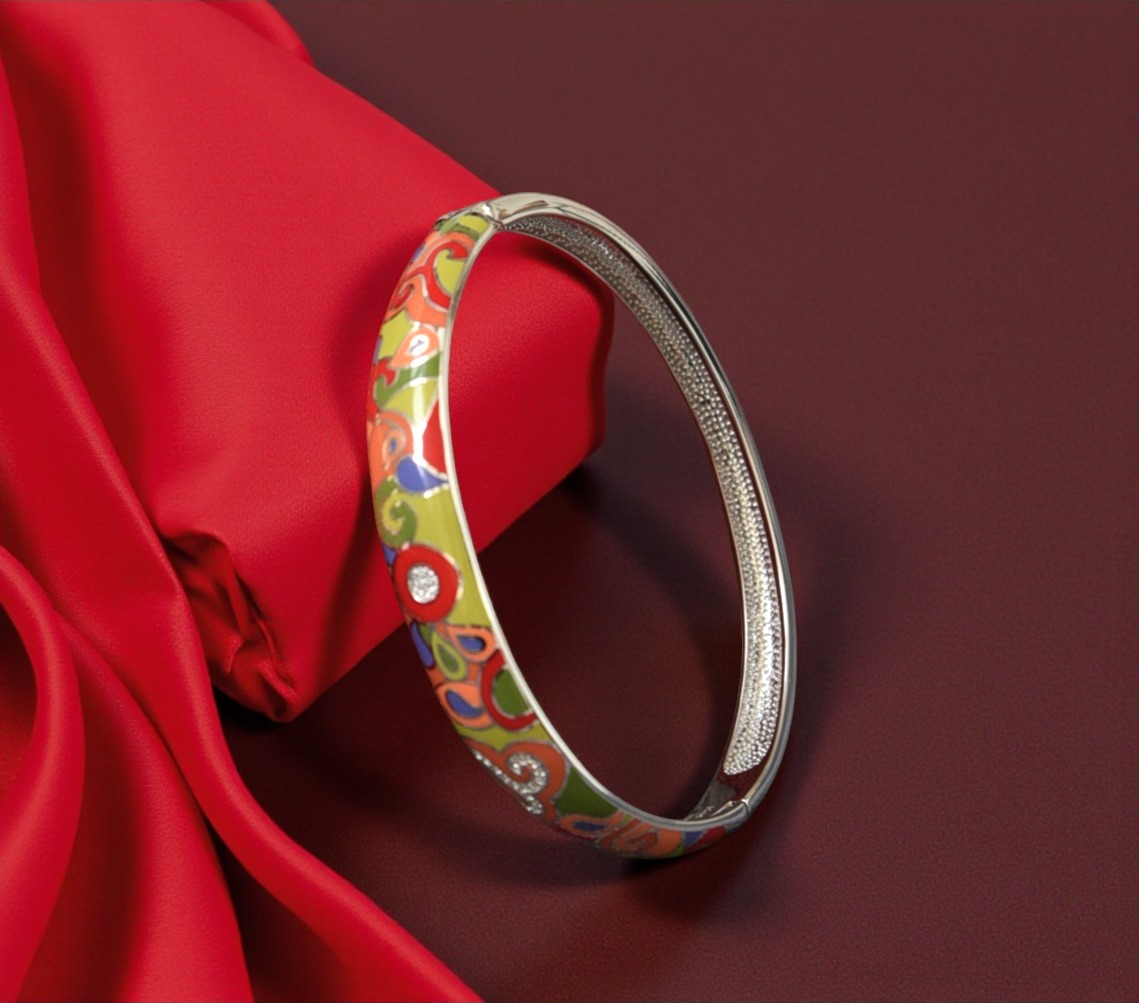 Pure 925 Sterling Silver Colorful Enamel Bangle with Crystal Accents, Push-Button Box Clasp, For Women,Girls (Pack of 1)