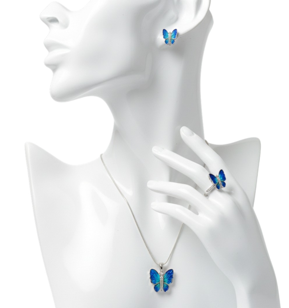 Pure 925 sterling silver Blue Butterfly Jewelry Set Necklace with Pendant, Earrings and Ring For Women,Girls (Set of 1)