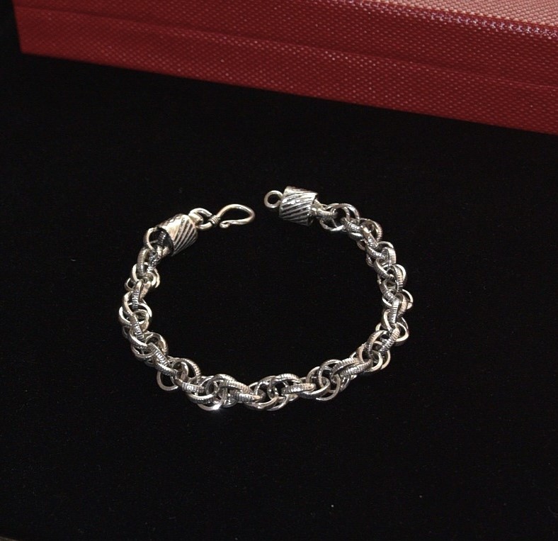 Pure Handcrafted 925 Sterling Oxidized Silver Bracelet Textured Double Link Chain Bracelet for Men & Women (Pack of 1)