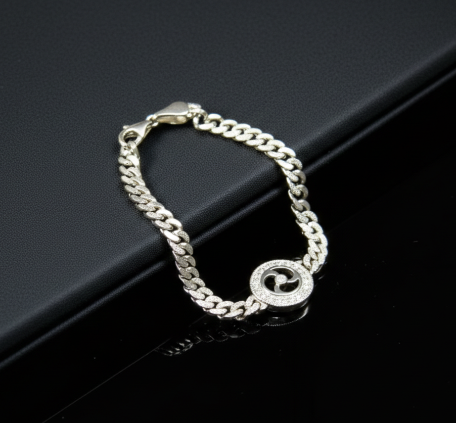 Pure 925 Sterling Silver Cuban Chain Bracelet with Crystal Embellished Circular Charm, Lobster Clasp Closure For Women,Girls (Pack of 1)