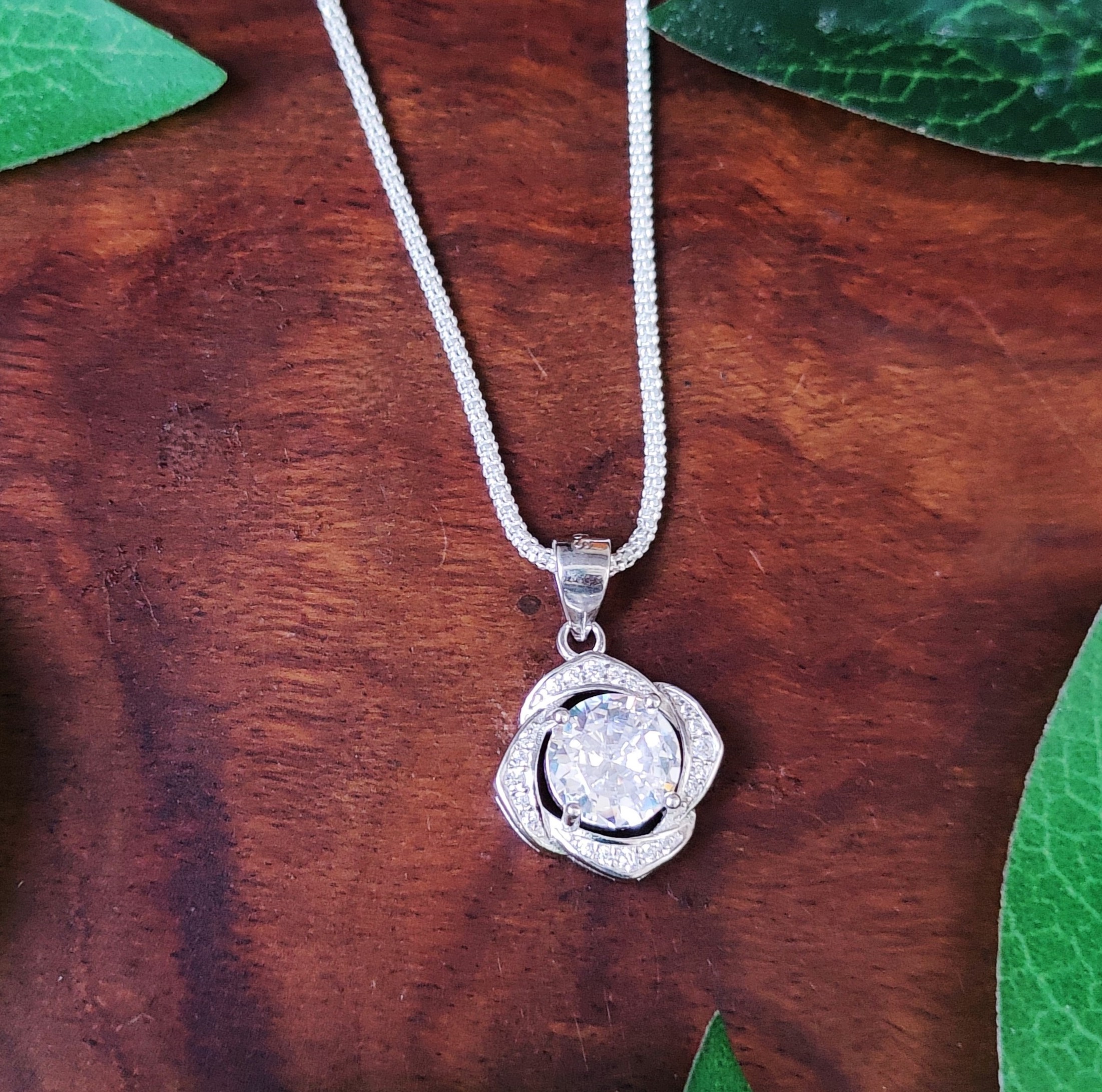 Pure 925 sterling silver Elegant Floral Pendant Necklace with Crystal Stone, Sterling Silver Jewelry For Women,Girls