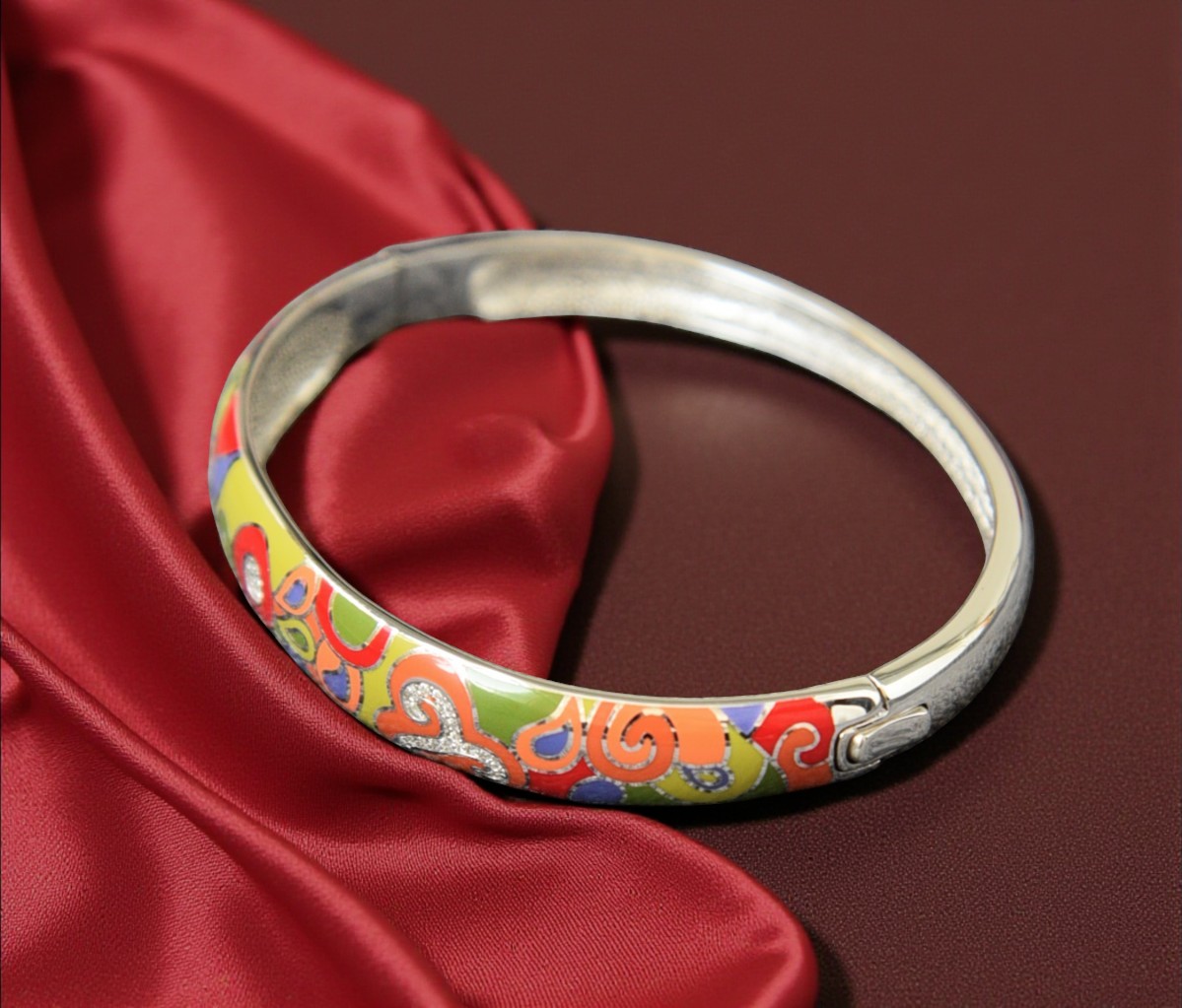 Pure 925 Sterling Silver Colorful Enamel Bangle with Crystal Accents, Push-Button Box Clasp, For Women,Girls (Pack of 1)