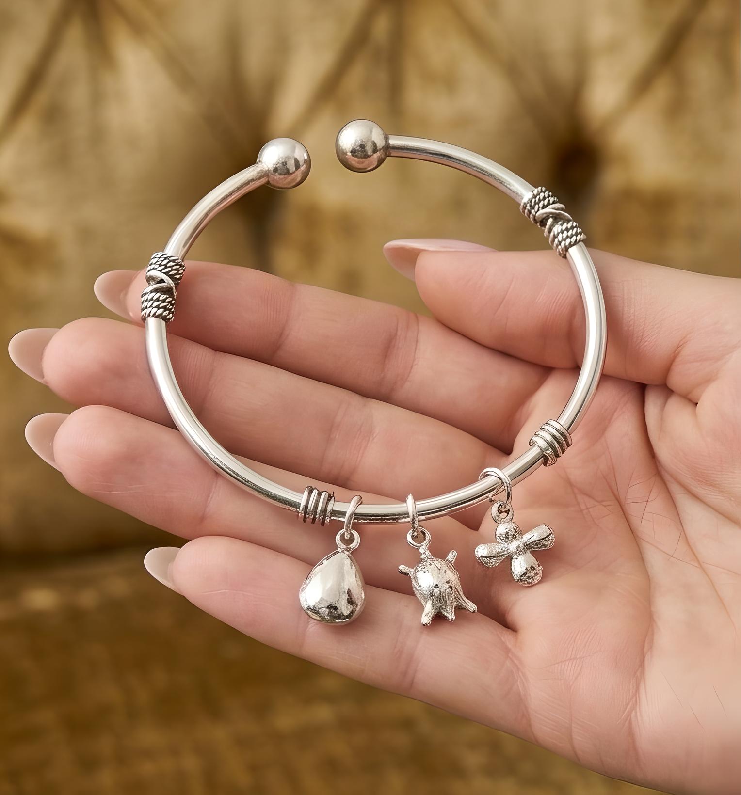 Pure 925 Sterling Silver Charm Bracelet with Teardrop, Turtle, and Flower Charms, Open Cuff Bangle For Women (Pack of 1)