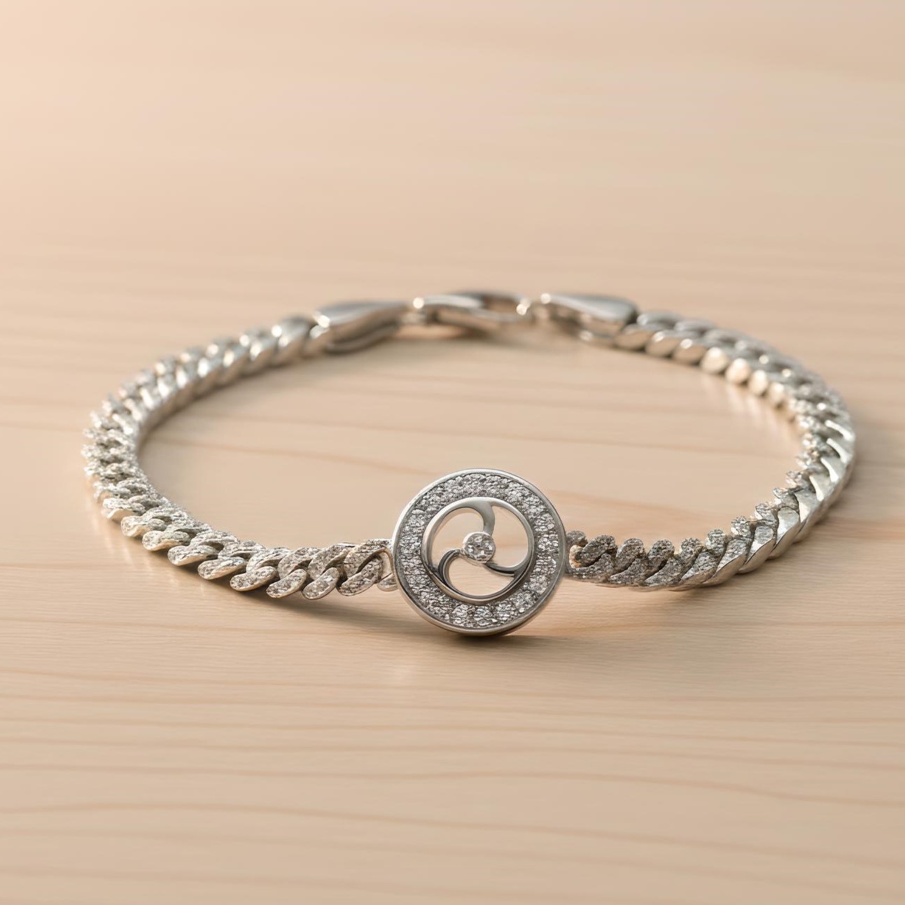 Pure 925 Sterling Silver Cuban Chain Bracelet with Crystal Embellished Circular Charm, Lobster Clasp Closure For Women,Girls (Pack of 1)